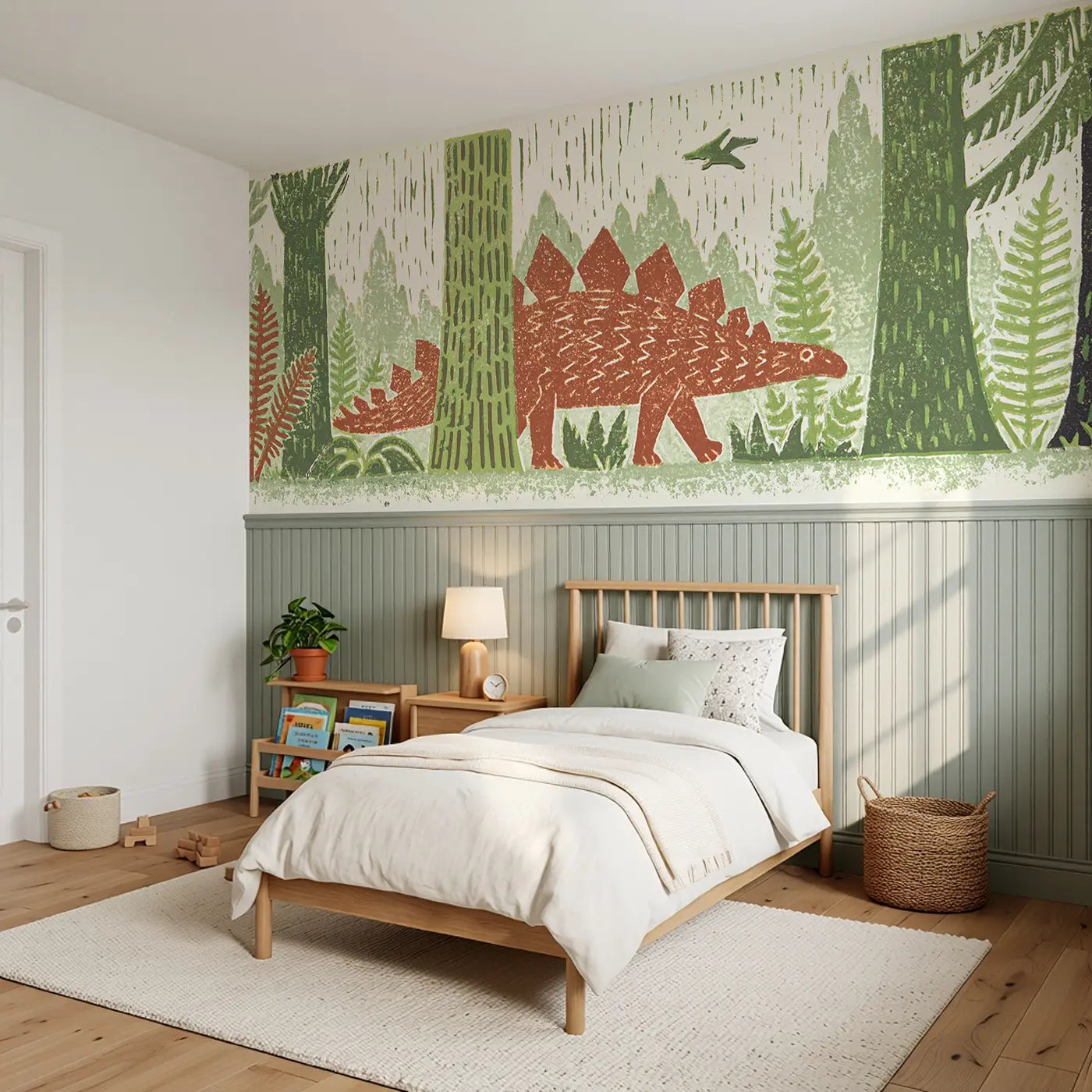 Carved Stegosaurus Forest Band Wainscoting Wallpaper styled in a kids bedroom by Whimsy Tots
