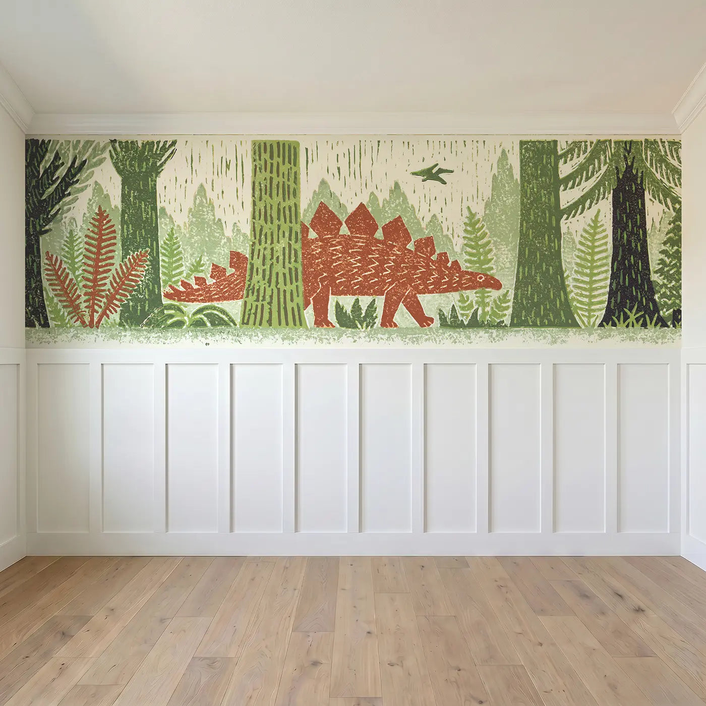 Full panel view of Carved Stegosaurus Forest Band Wainscoting Wallpaper by Whimsy Tots