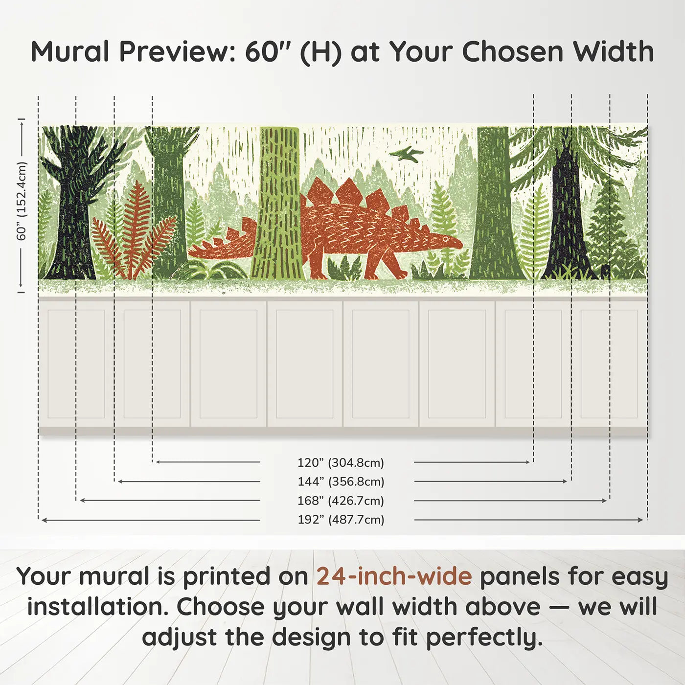 Panel dimensions for Carved Stegosaurus Forest Band Wainscoting Wallpaper by Whimsy Tots