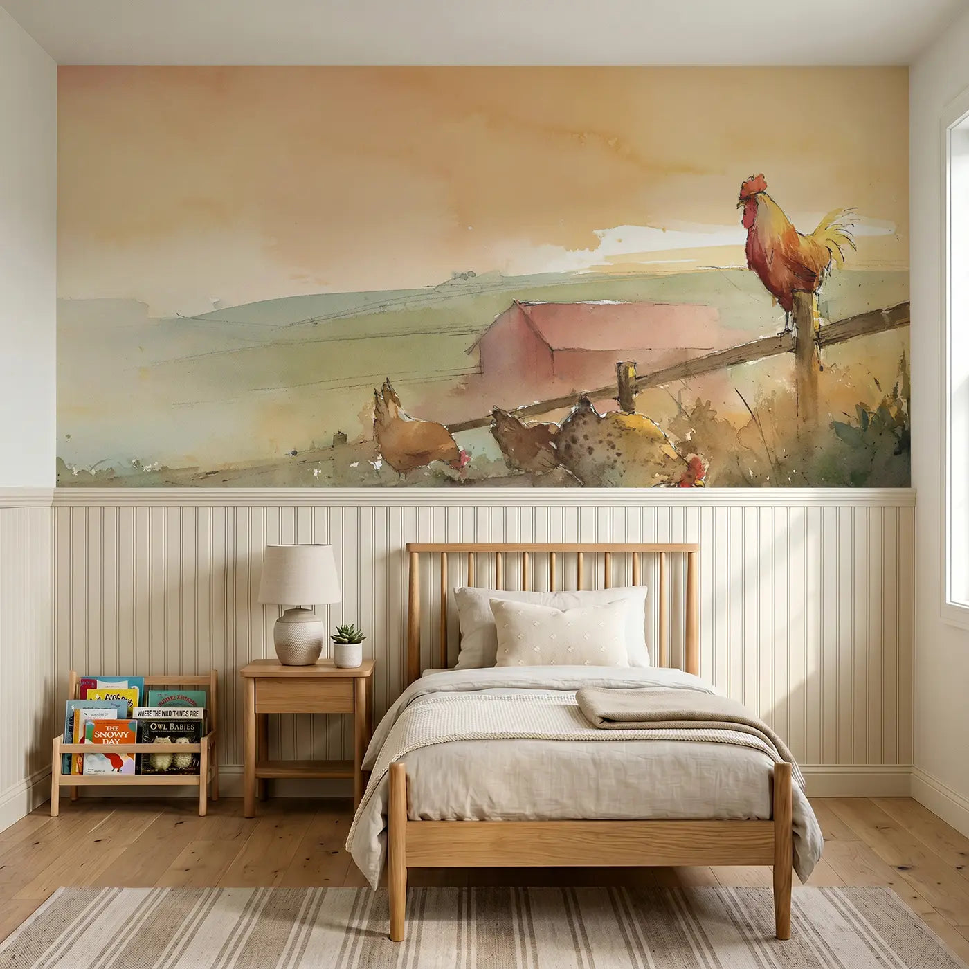 Watercolor farmyard morning rooster call wainscoting wallpaper for nursery by Whimsy Tots