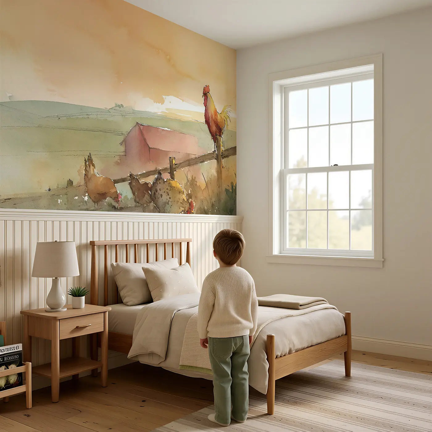 Child reading near Farmyard Morning Rooster Call Wainscoting Wallpaper by Whimsy Tots