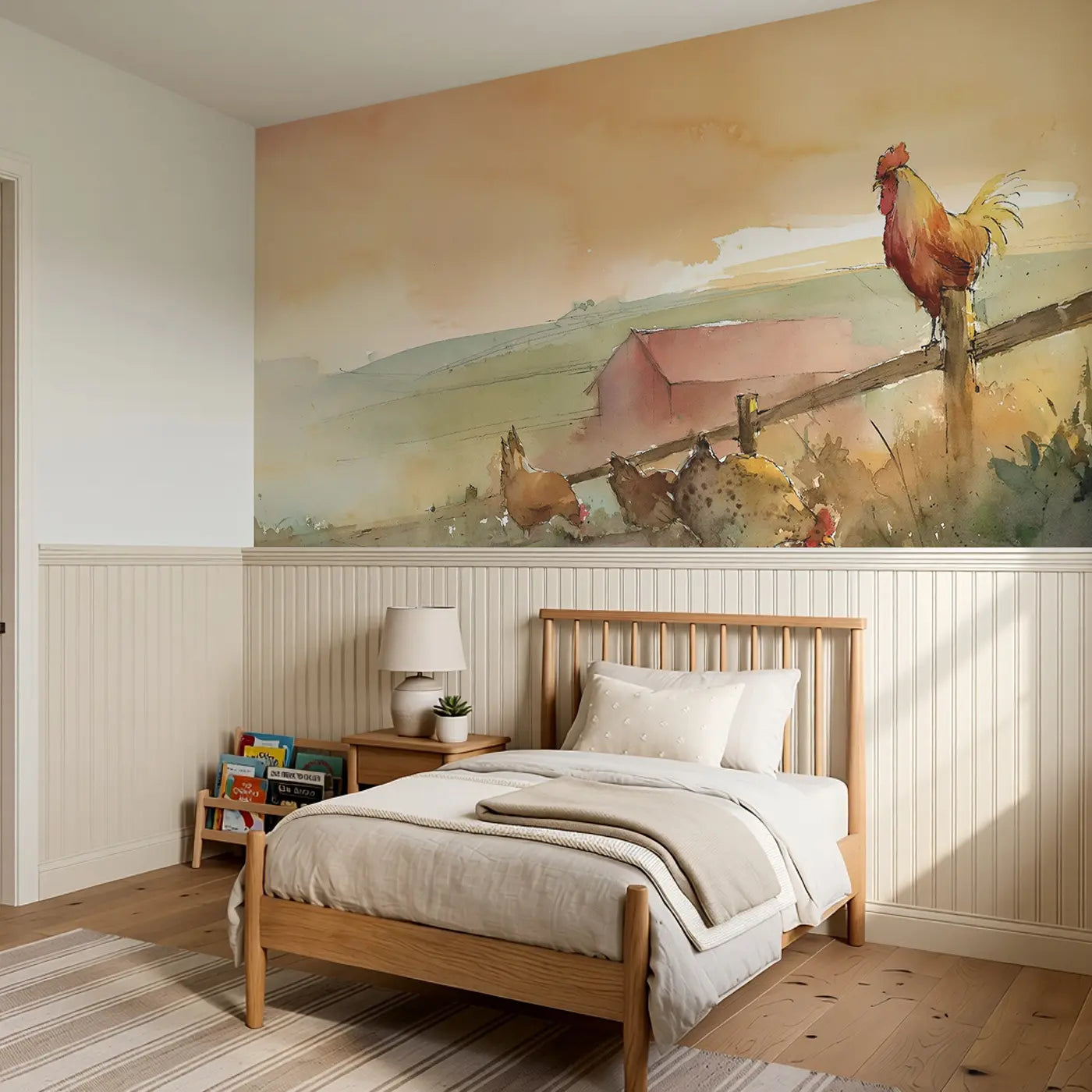 Farmyard Morning Rooster Call Wainscoting Wallpaper styled in a kids bedroom by Whimsy Tots
