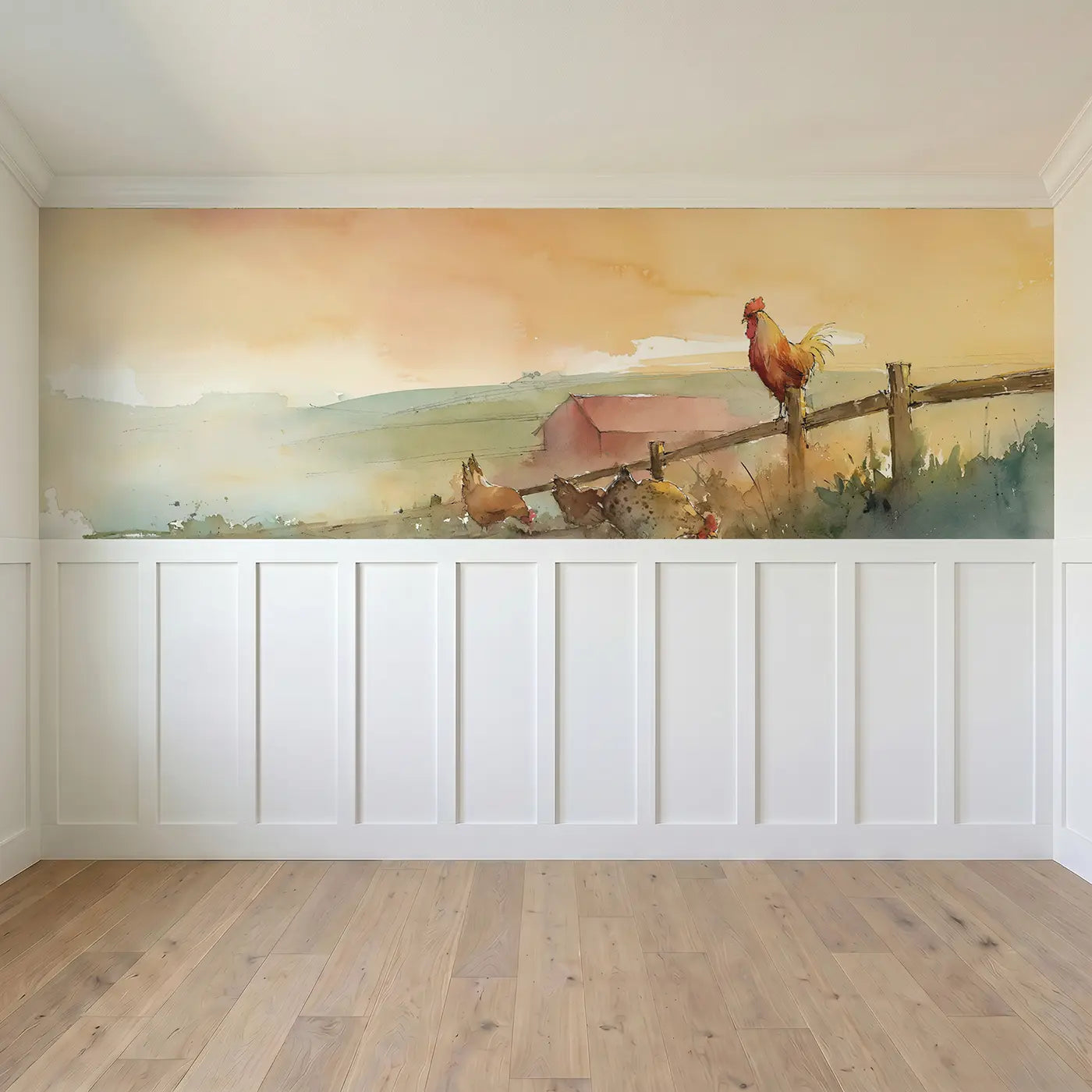 Full panel view of Farmyard Morning Rooster Call Wainscoting Wallpaper by Whimsy Tots