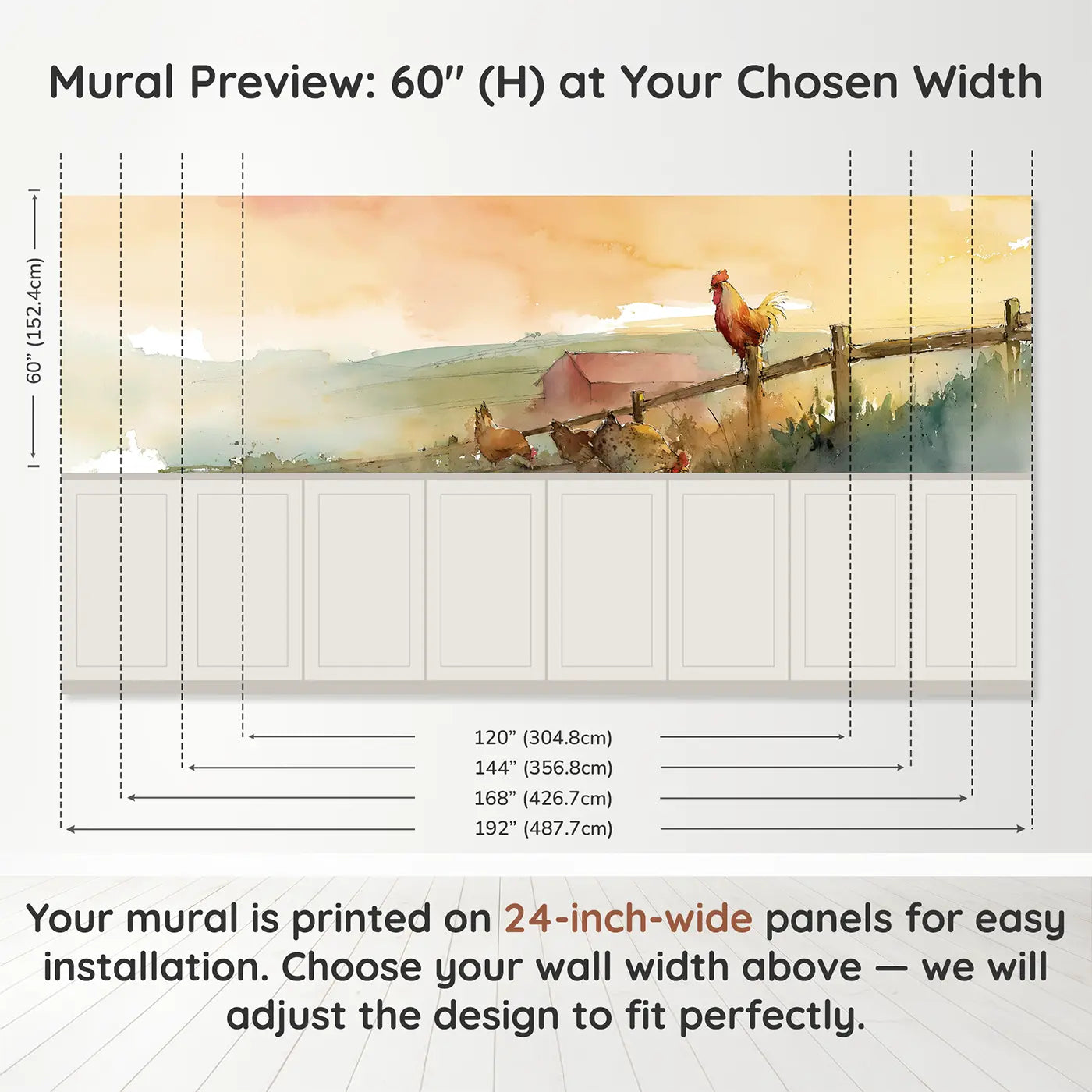 Panel dimensions for Farmyard Morning Rooster Call Wainscoting Wallpaper by Whimsy Tots