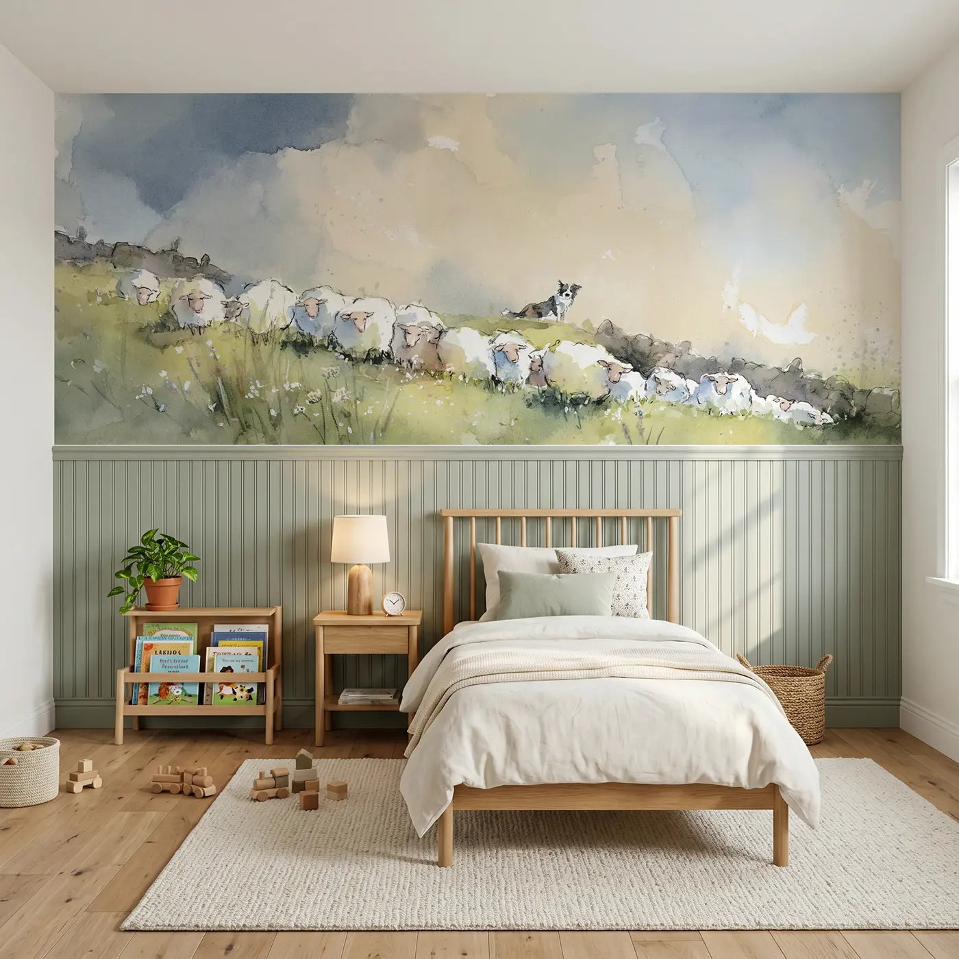 Watercolor sheep meadow rolling hill wainscoting wallpaper for nursery by Whimsy Tots