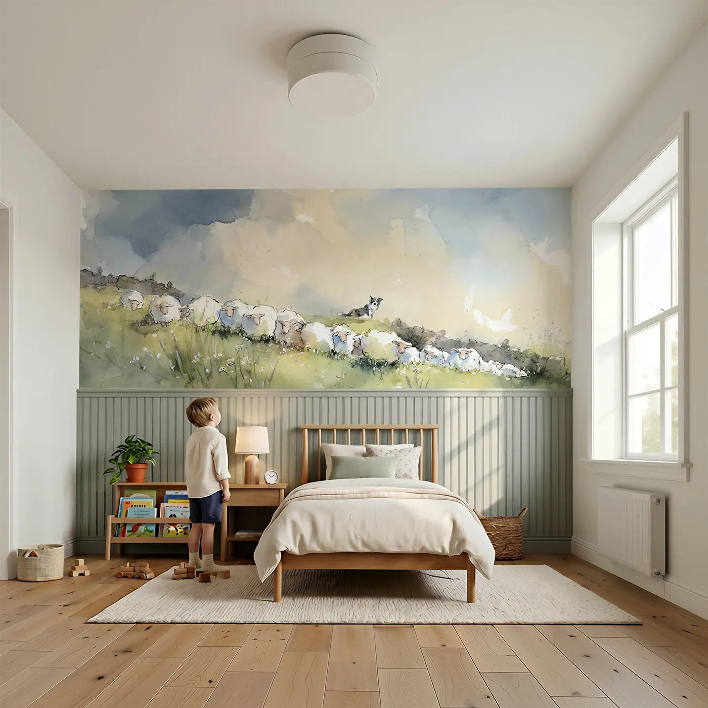 Child reading near Sheep Meadow Rolling Hill Wainscoting Wallpaper by Whimsy Tots
