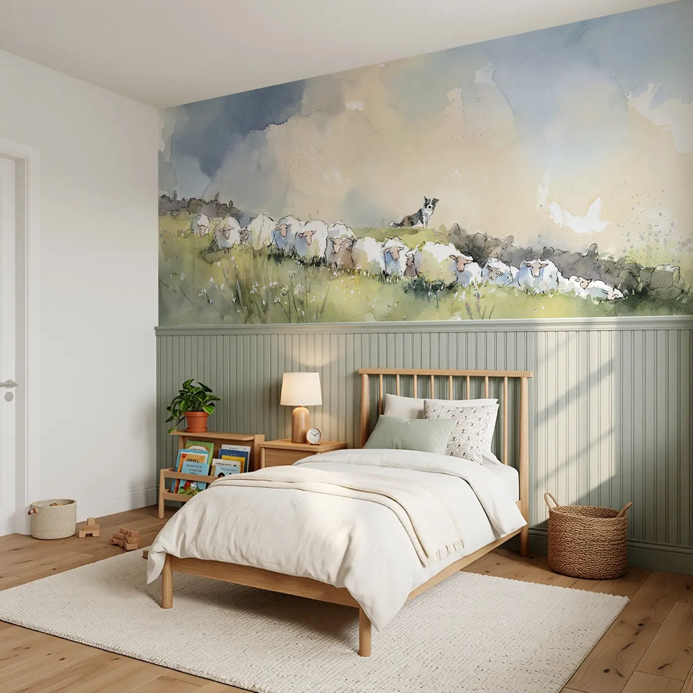 Sheep Meadow Rolling Hill Wainscoting Wallpaper styled in a kids bedroom by Whimsy Tots