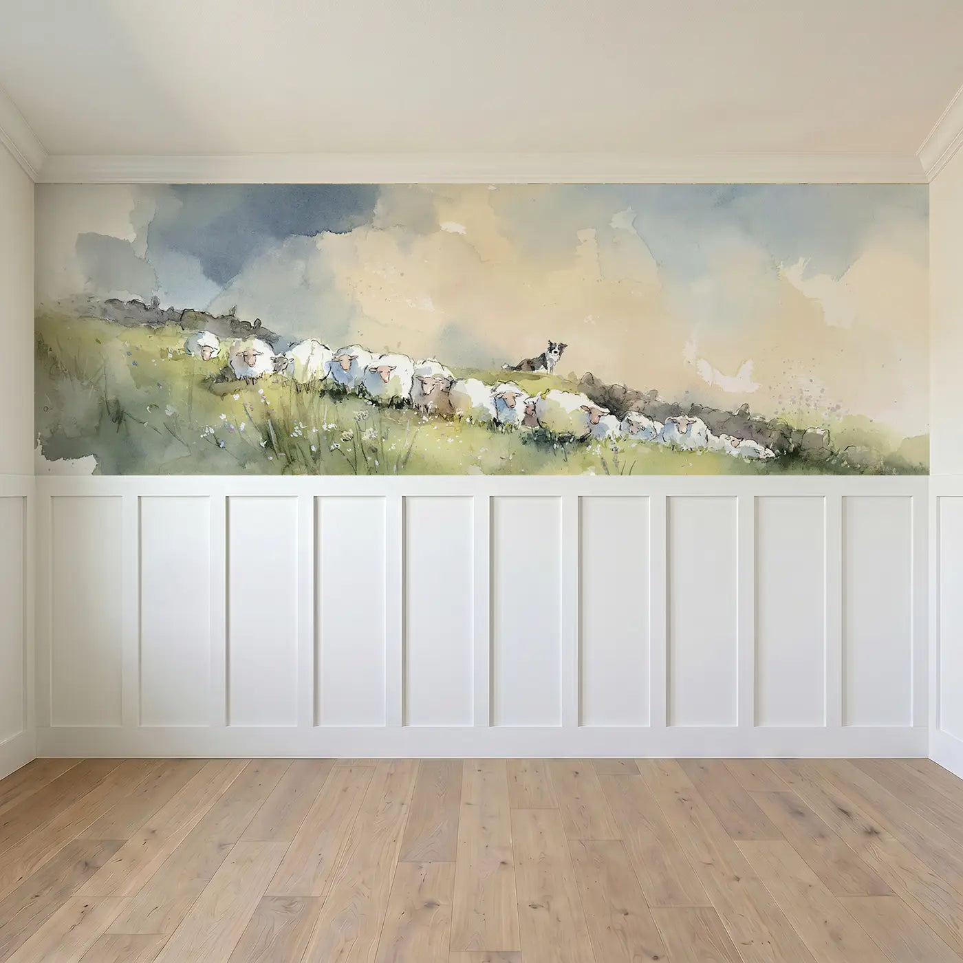 Full panel view of Sheep Meadow Rolling Hill Wainscoting Wallpaper by Whimsy Tots
