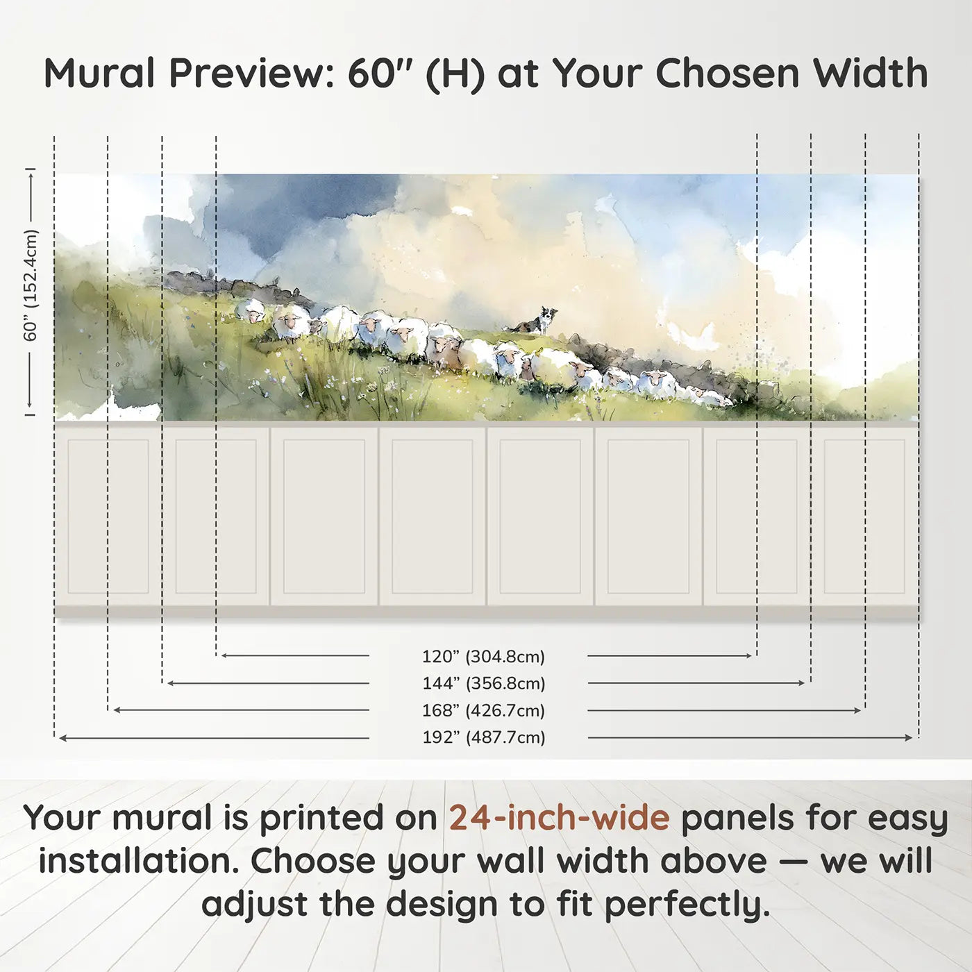 Panel dimensions for Sheep Meadow Rolling Hill Wainscoting Wallpaper by Whimsy Tots