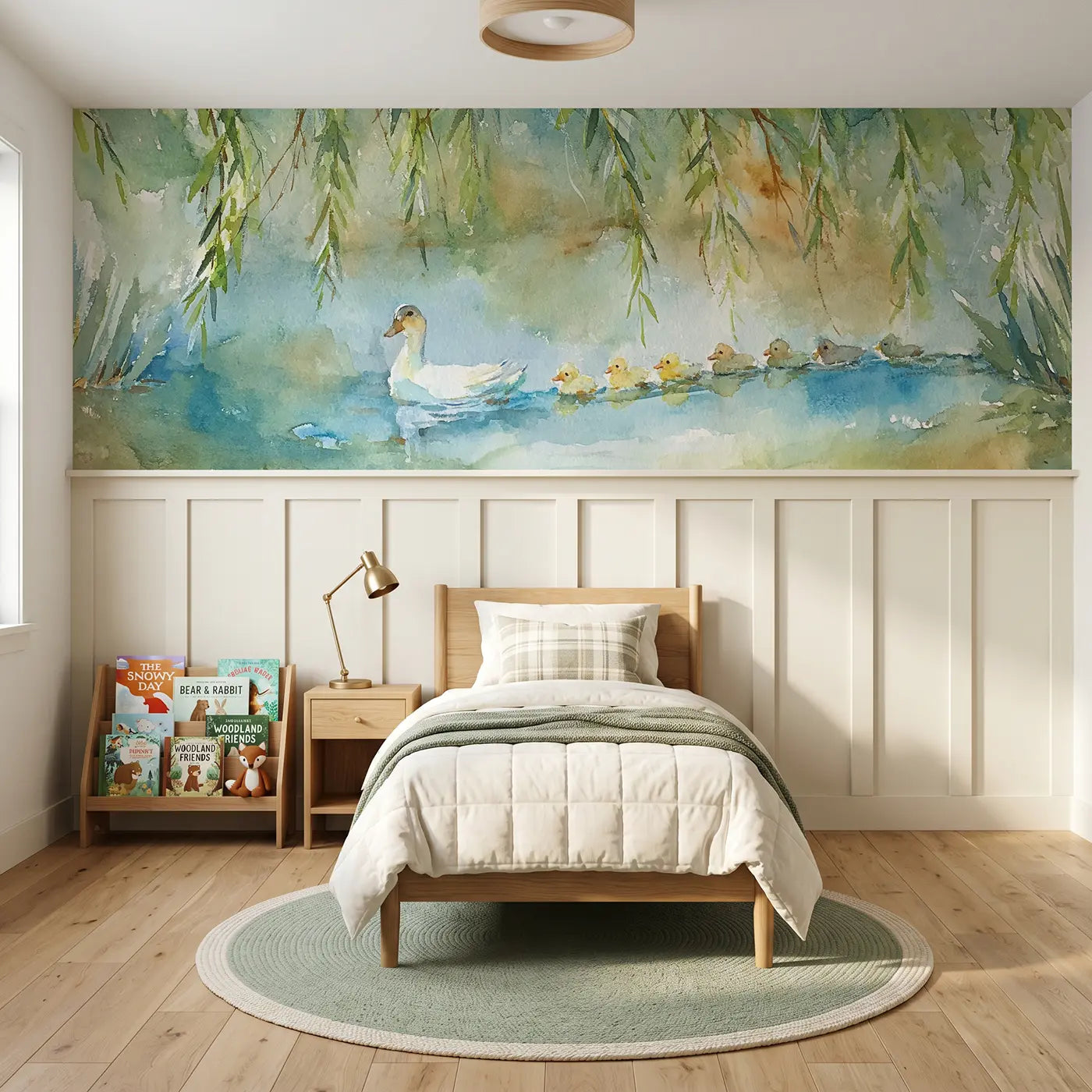 Watercolor duck pond willow farm wainscoting wallpaper for nursery by Whimsy Tots