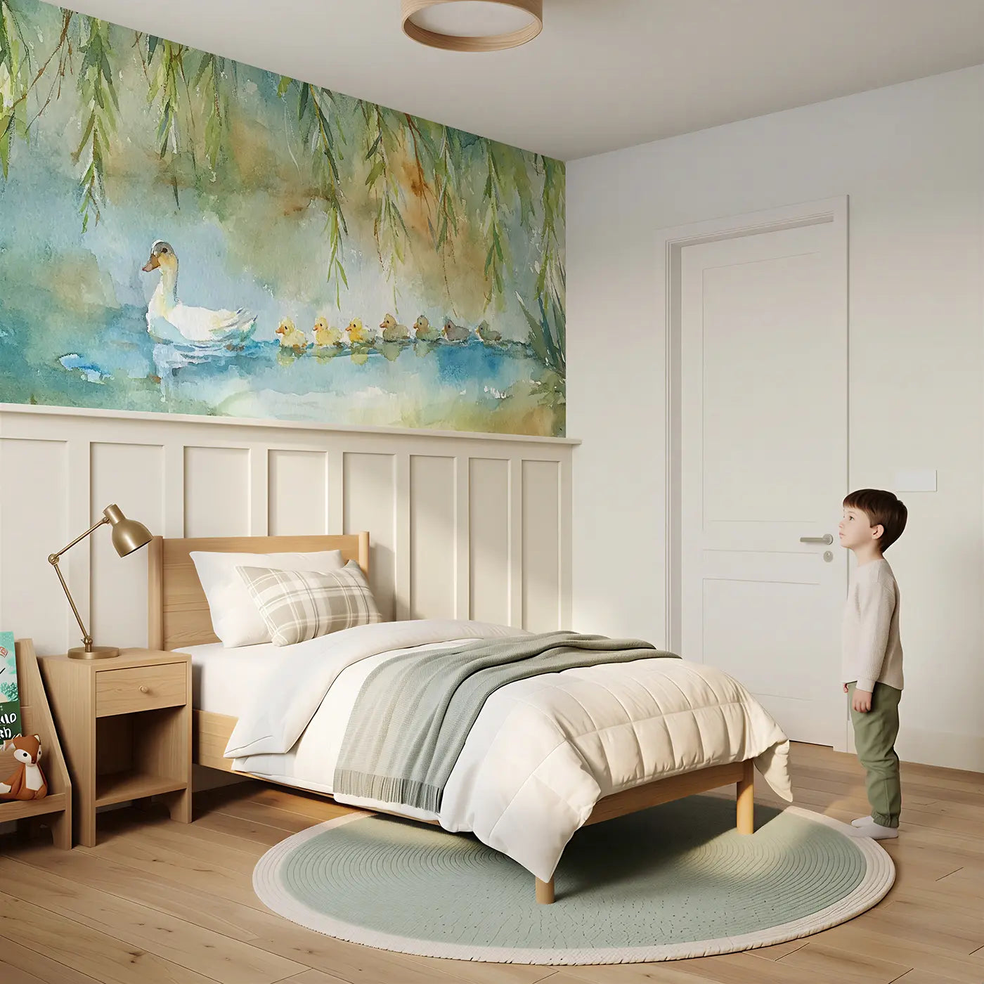 Child reading near Duck Pond Willow Farm Wainscoting Wallpaper by Whimsy Tots