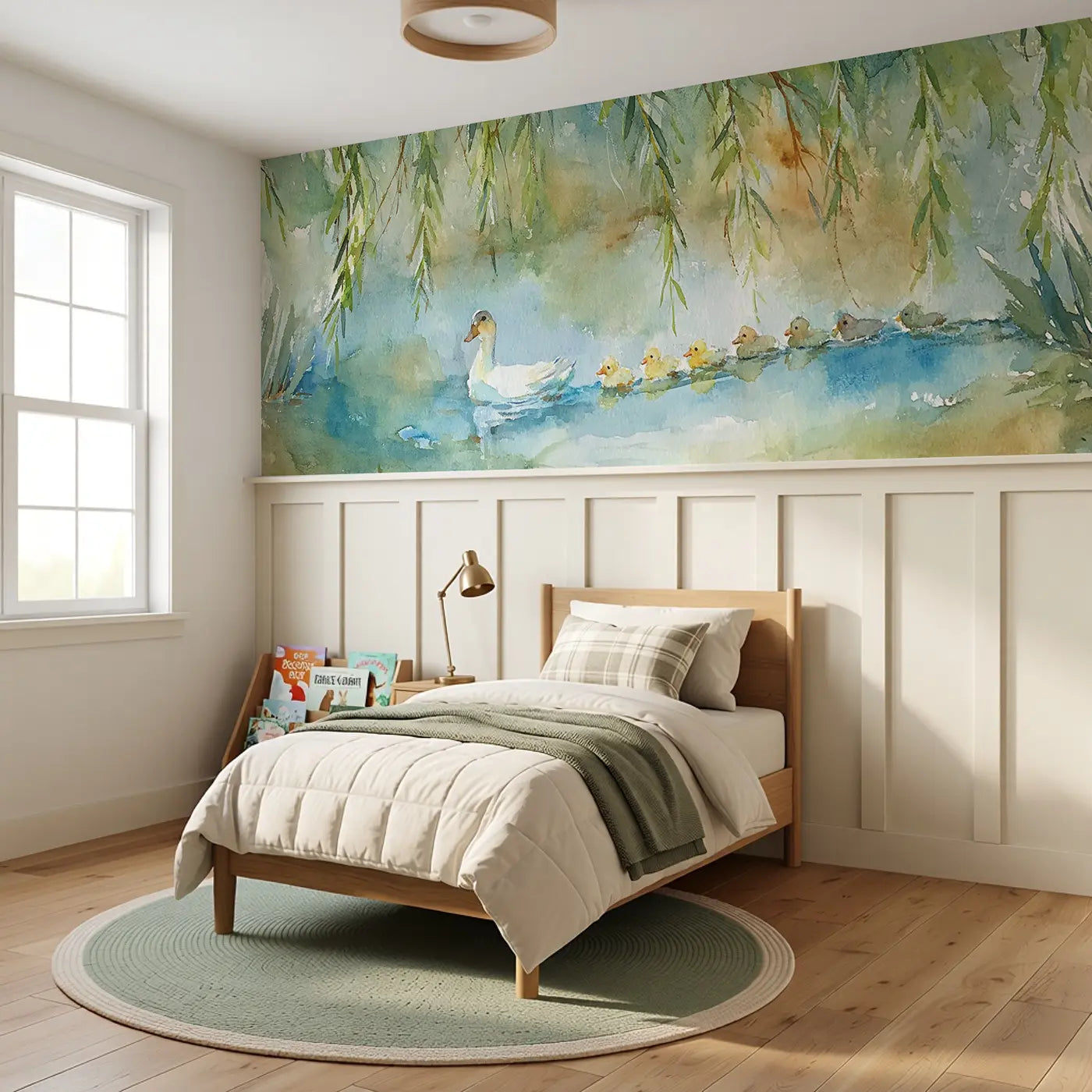 Duck Pond Willow Farm Wainscoting Wallpaper styled in a kids bedroom by Whimsy Tots