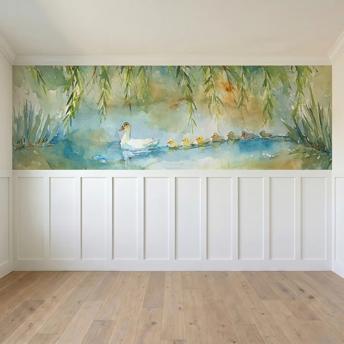 Full panel view of Duck Pond Willow Farm Wainscoting Wallpaper by Whimsy Tots
