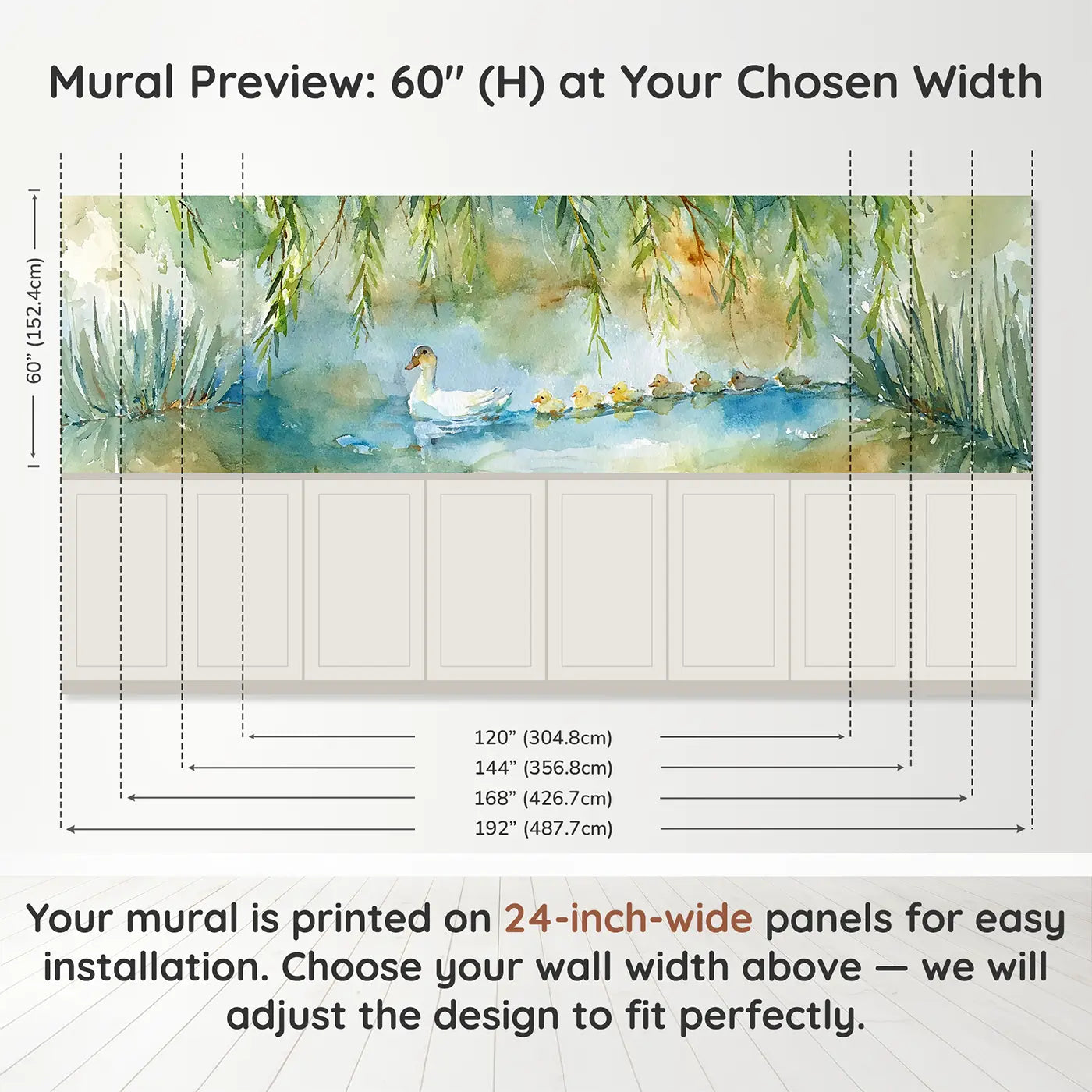 Panel dimensions for Duck Pond Willow Farm Wainscoting Wallpaper by Whimsy Tots