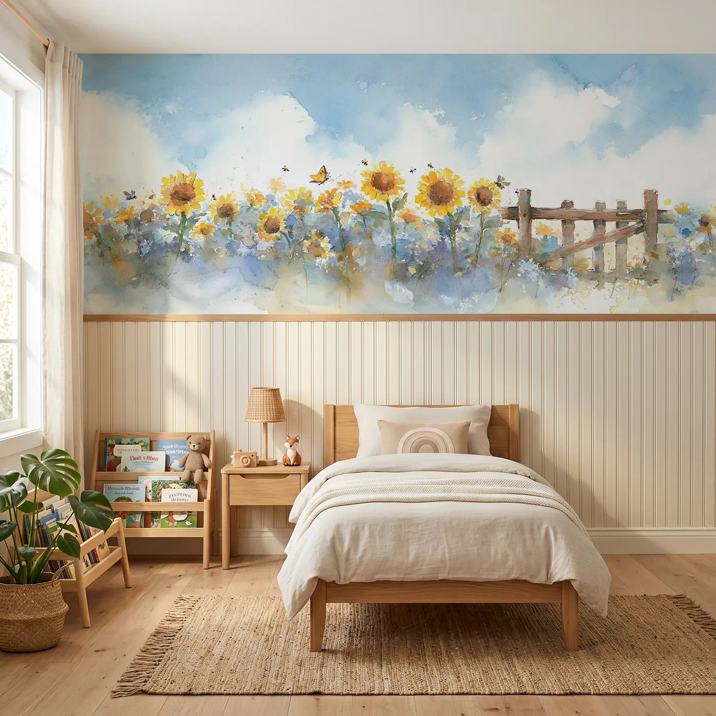 Watercolor sunflower field farm gate wainscoting wallpaper for bedroom by Whimsy Tots