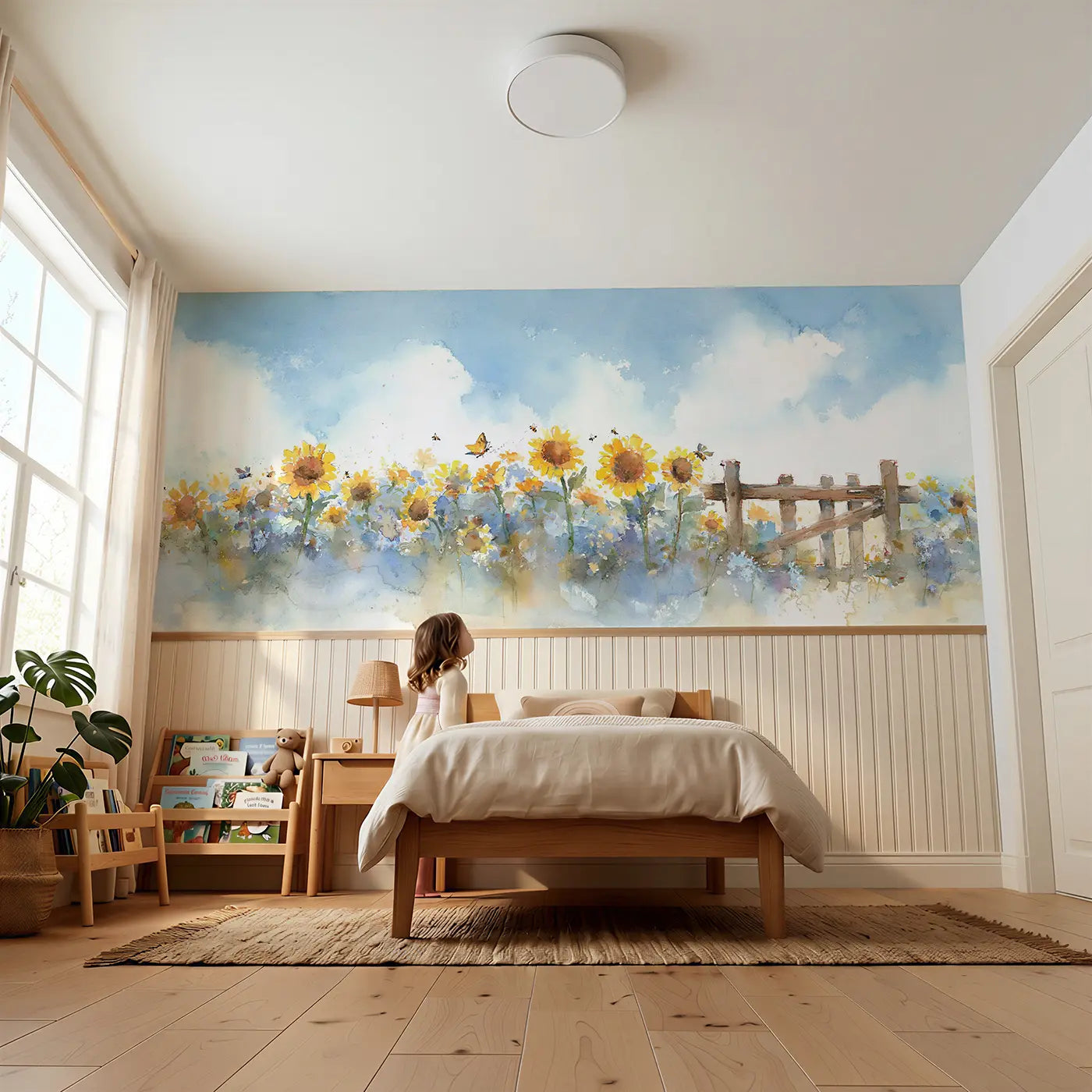 Child reading near Sunflower Field Farm Gate Wainscoting Wallpaper by Whimsy Tots