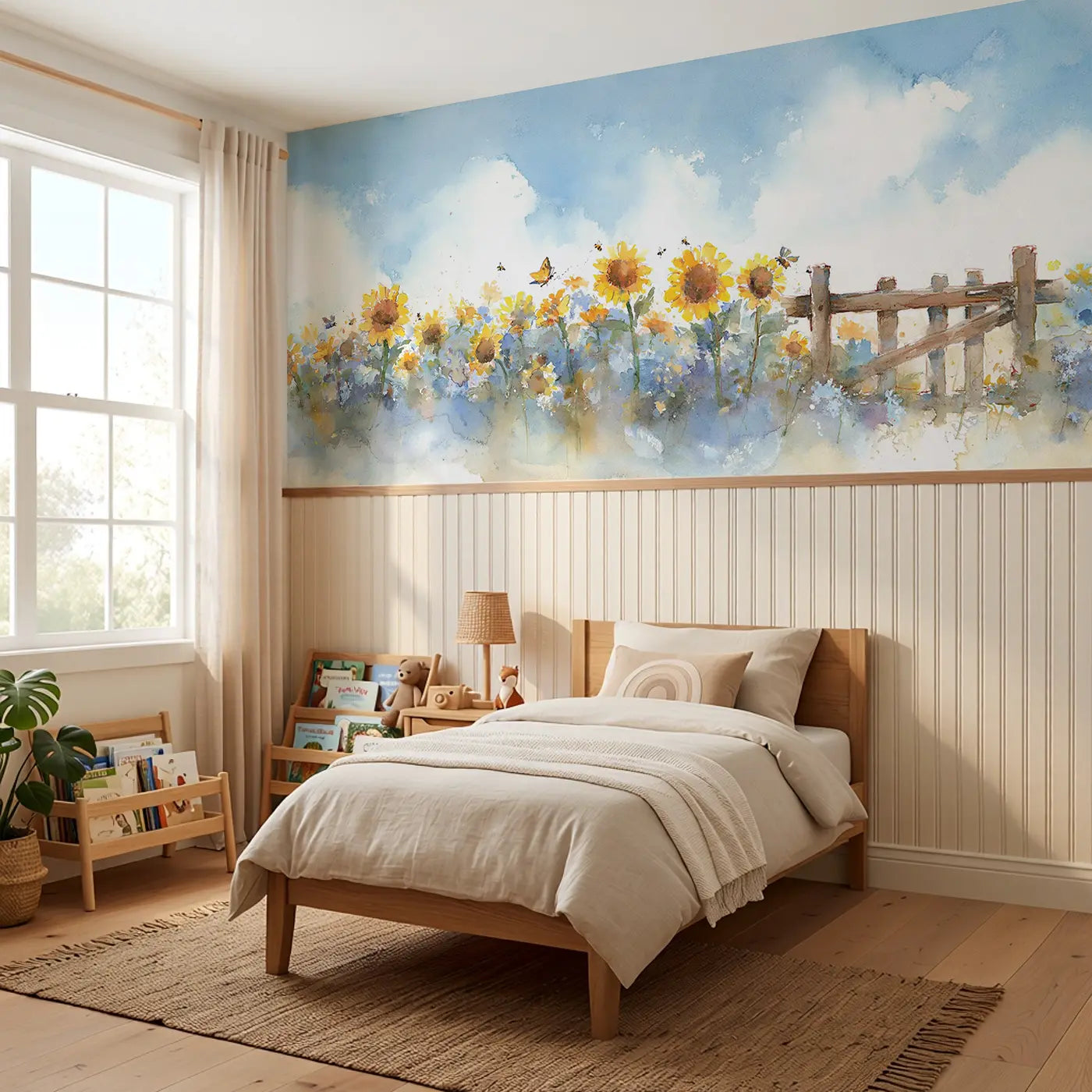 Sunflower Field Farm Gate Wainscoting Wallpaper styled in a kids bedroom by Whimsy Tots