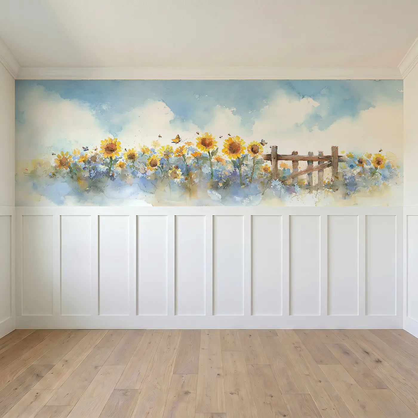 Full panel view of Sunflower Field Farm Gate Wainscoting Wallpaper by Whimsy Tots