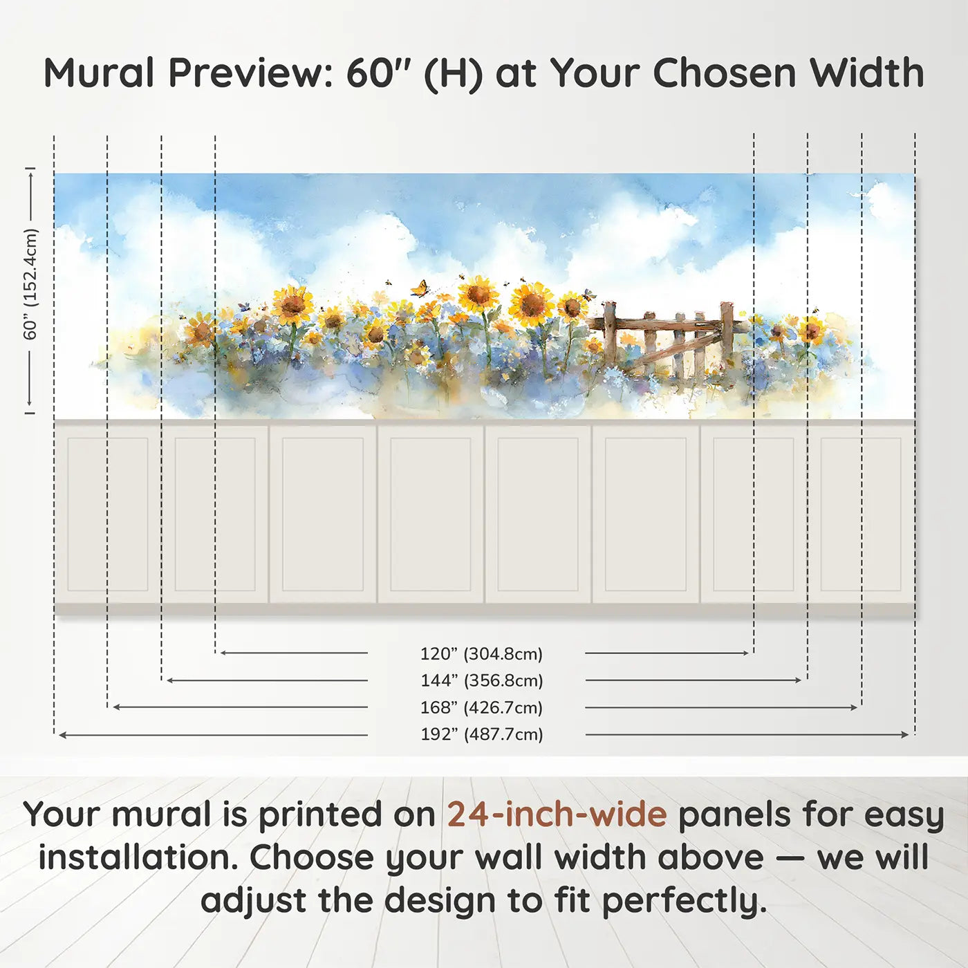 Panel dimensions for Sunflower Field Farm Gate Wainscoting Wallpaper by Whimsy Tots