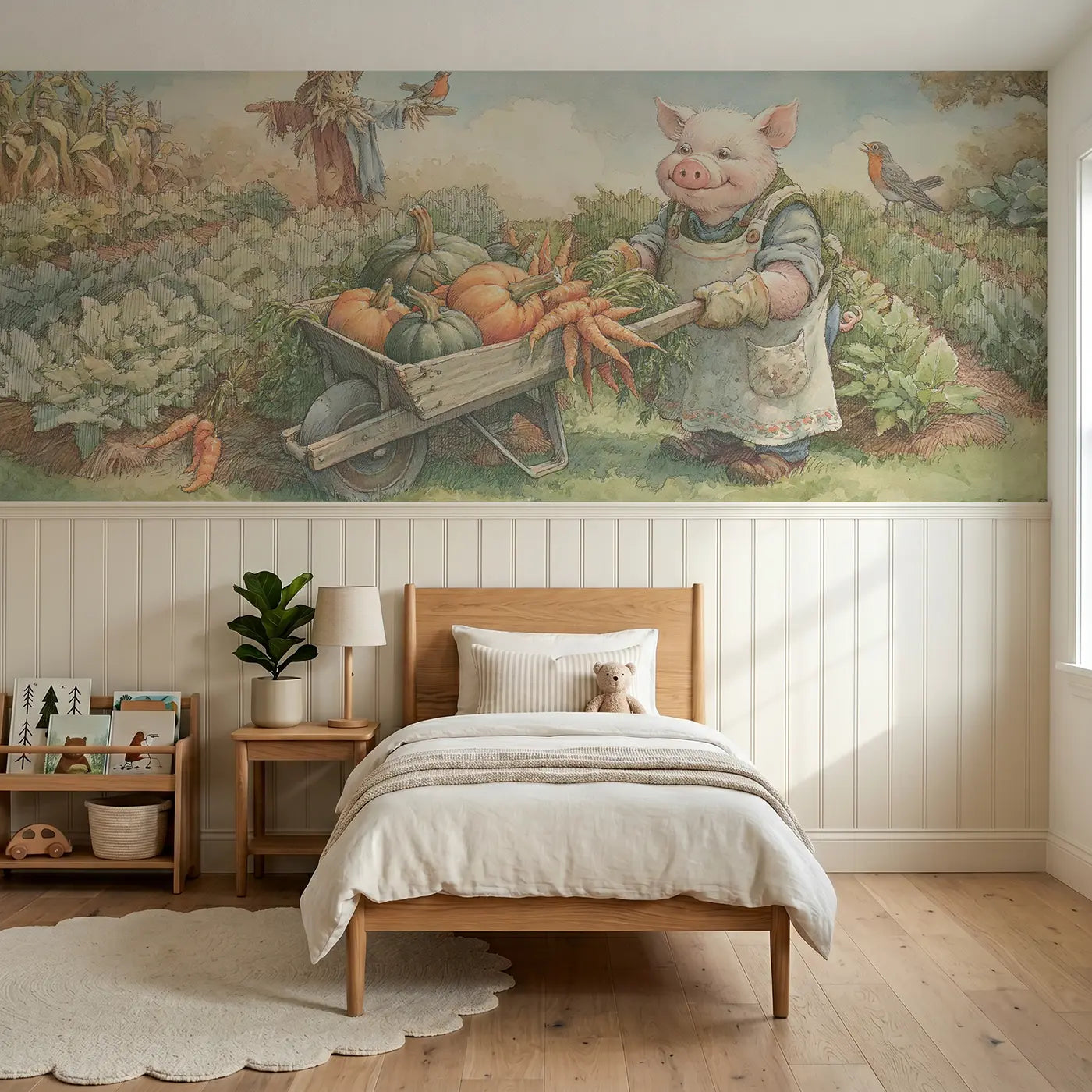Storybook pig kitchen garden harvest wainscoting wallpaper for bedroom by Whimsy Tots