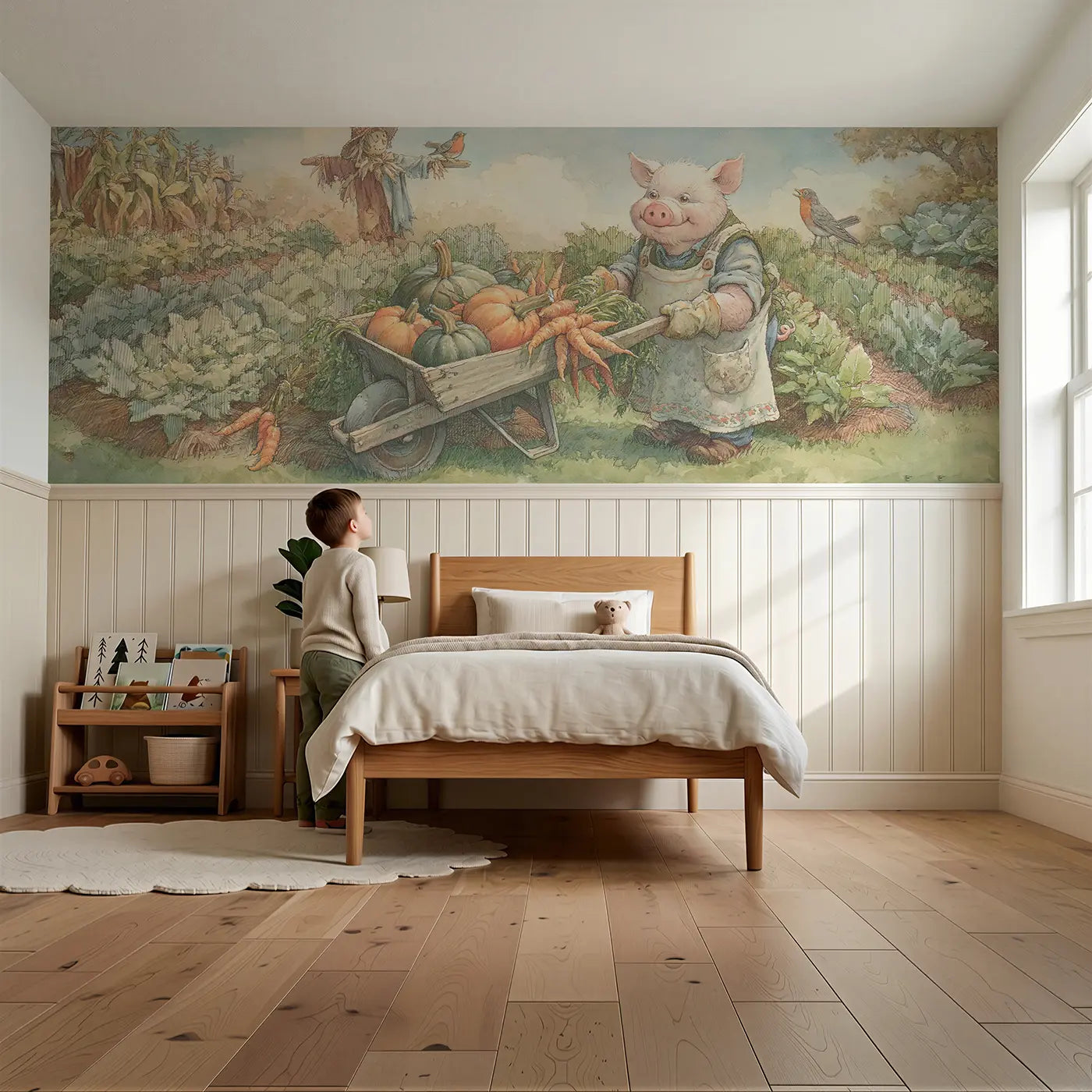 Child reading near Pig Kitchen Garden Harvest Wainscoting Wallpaper by Whimsy Tots