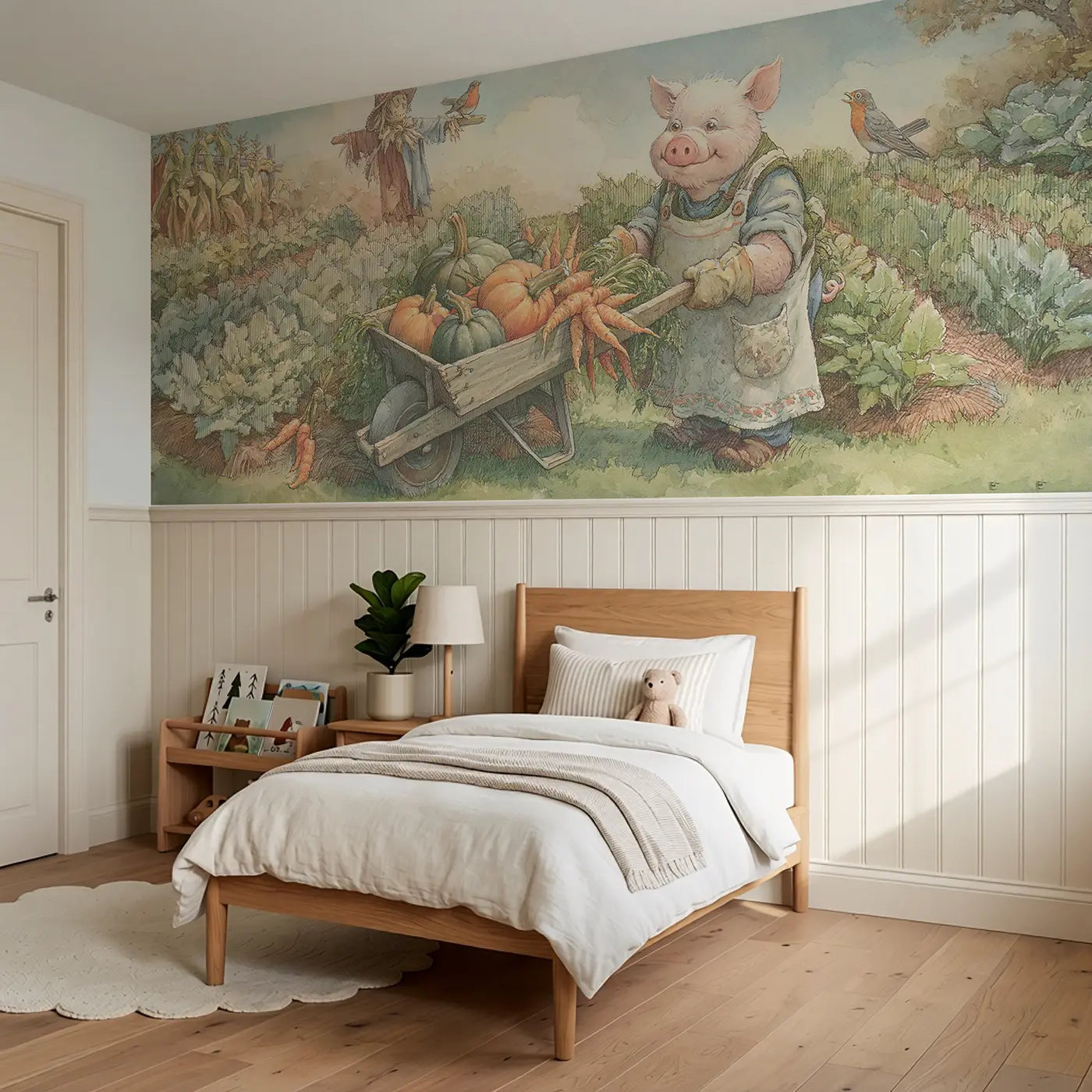 Pig Kitchen Garden Harvest Wainscoting Wallpaper styled in a kids bedroom by Whimsy Tots