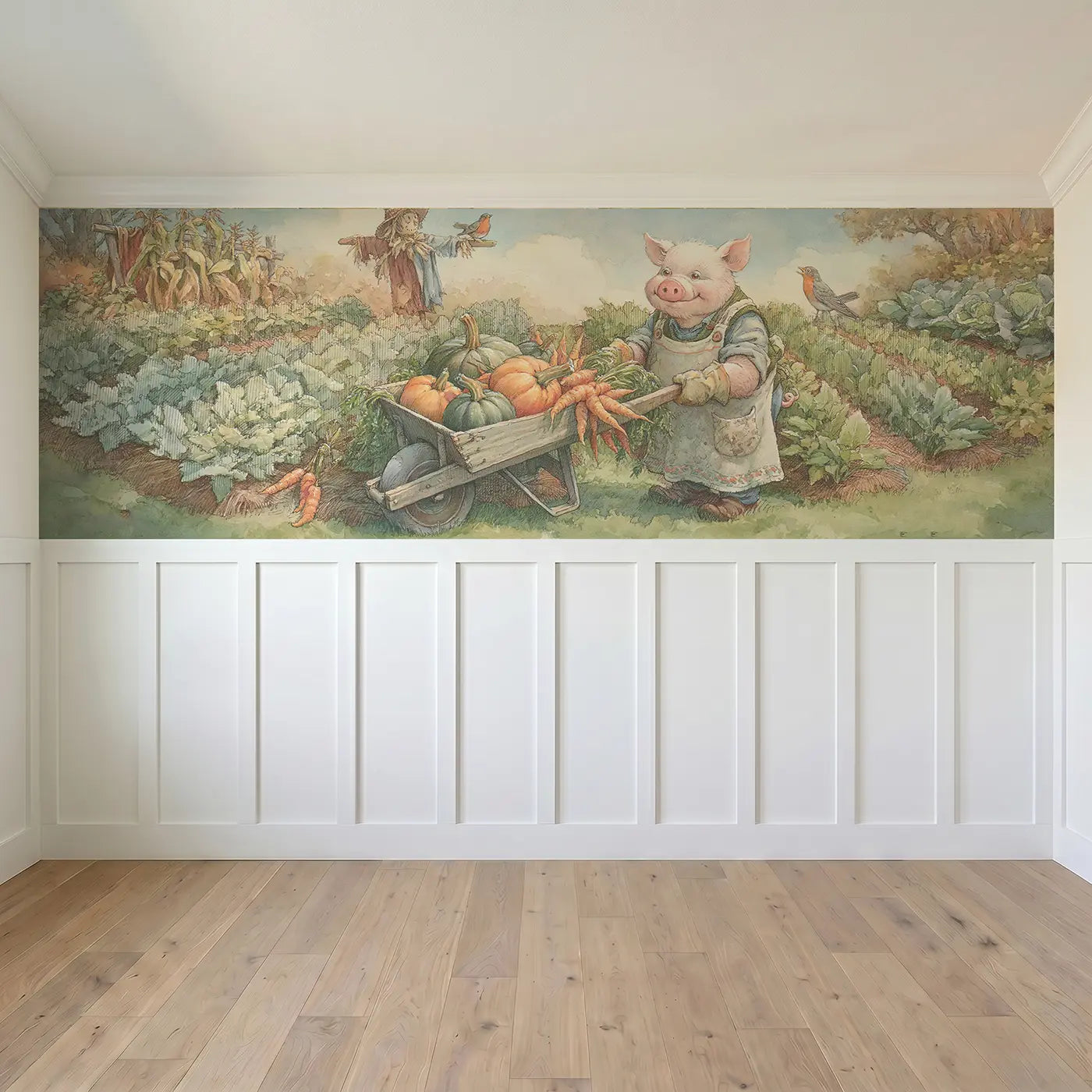 Full panel view of Pig Kitchen Garden Harvest Wainscoting Wallpaper by Whimsy Tots
