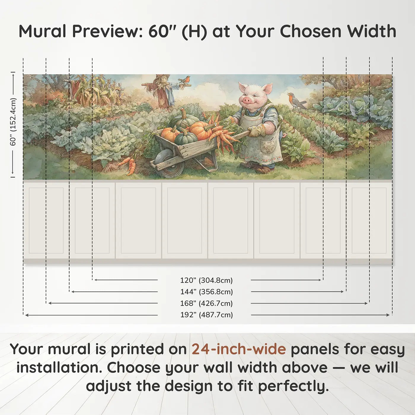 Panel dimensions for Pig Kitchen Garden Harvest Wainscoting Wallpaper by Whimsy Tots