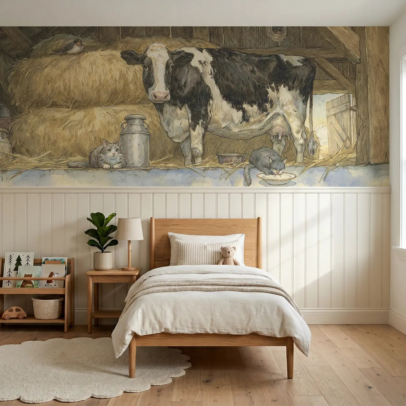 Storybook cow barn morning milking wainscoting wallpaper for nursery by Whimsy Tots