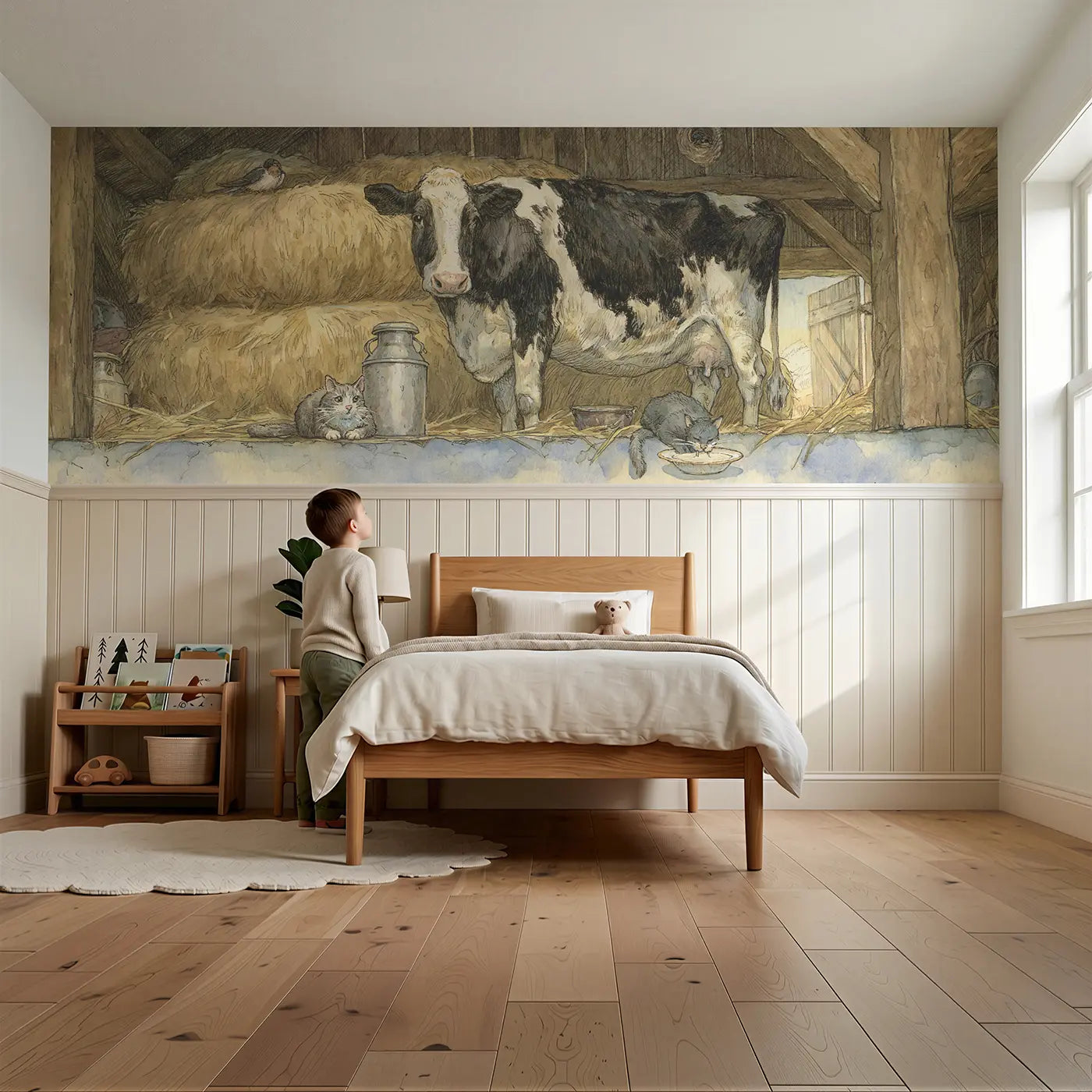 Child reading near Cow Barn Morning Milking Wainscoting Wallpaper by Whimsy Tots