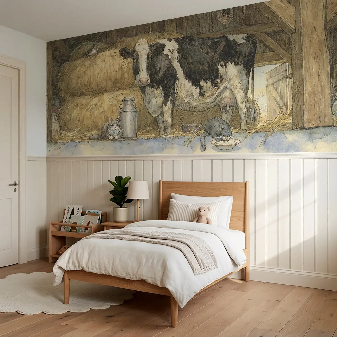 Cow Barn Morning Milking Wainscoting Wallpaper styled in a kids bedroom by Whimsy Tots