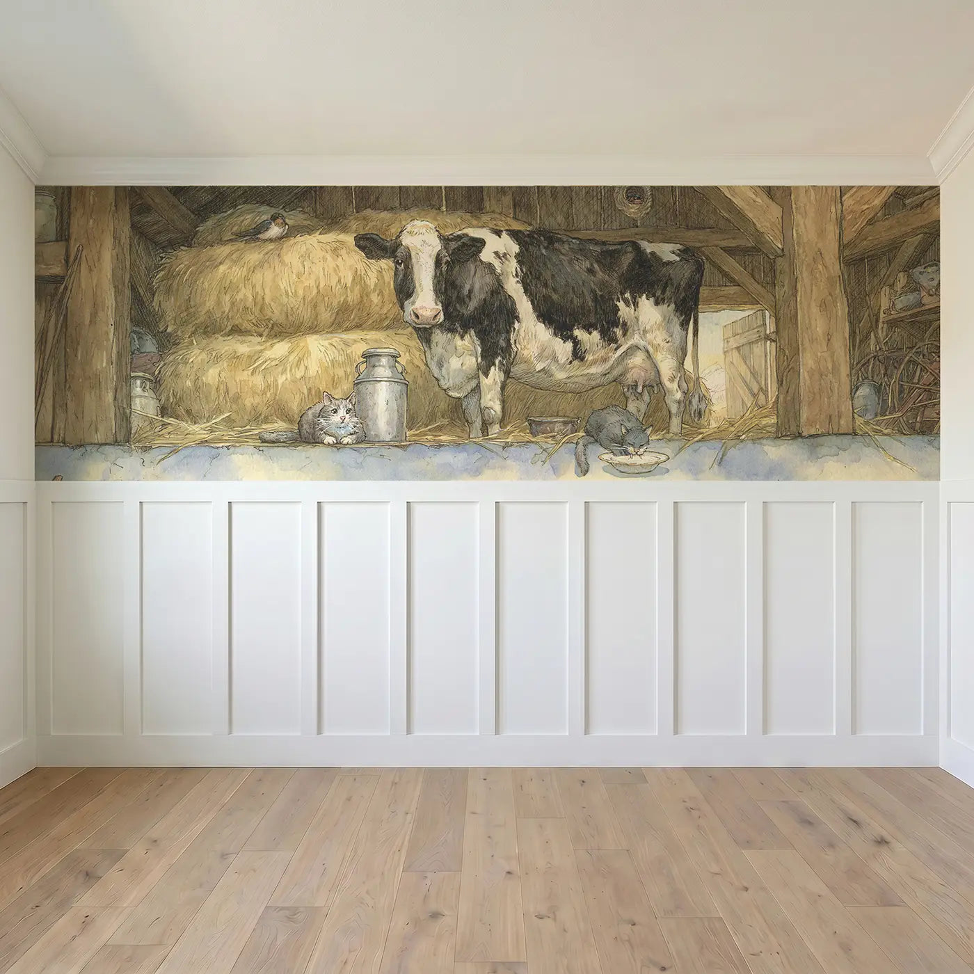 Full panel view of Cow Barn Morning Milking Wainscoting Wallpaper by Whimsy Tots