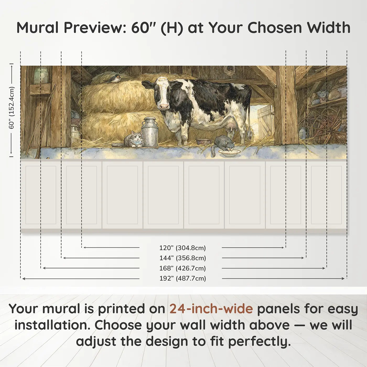 Panel dimensions for Cow Barn Morning Milking Wainscoting Wallpaper by Whimsy Tots