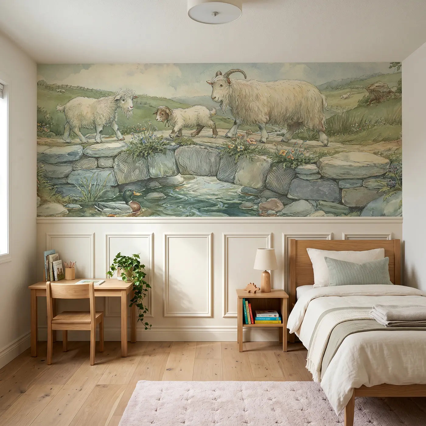 Storybook goat bridge crossing wainscoting wallpaper for nursery by Whimsy Tots