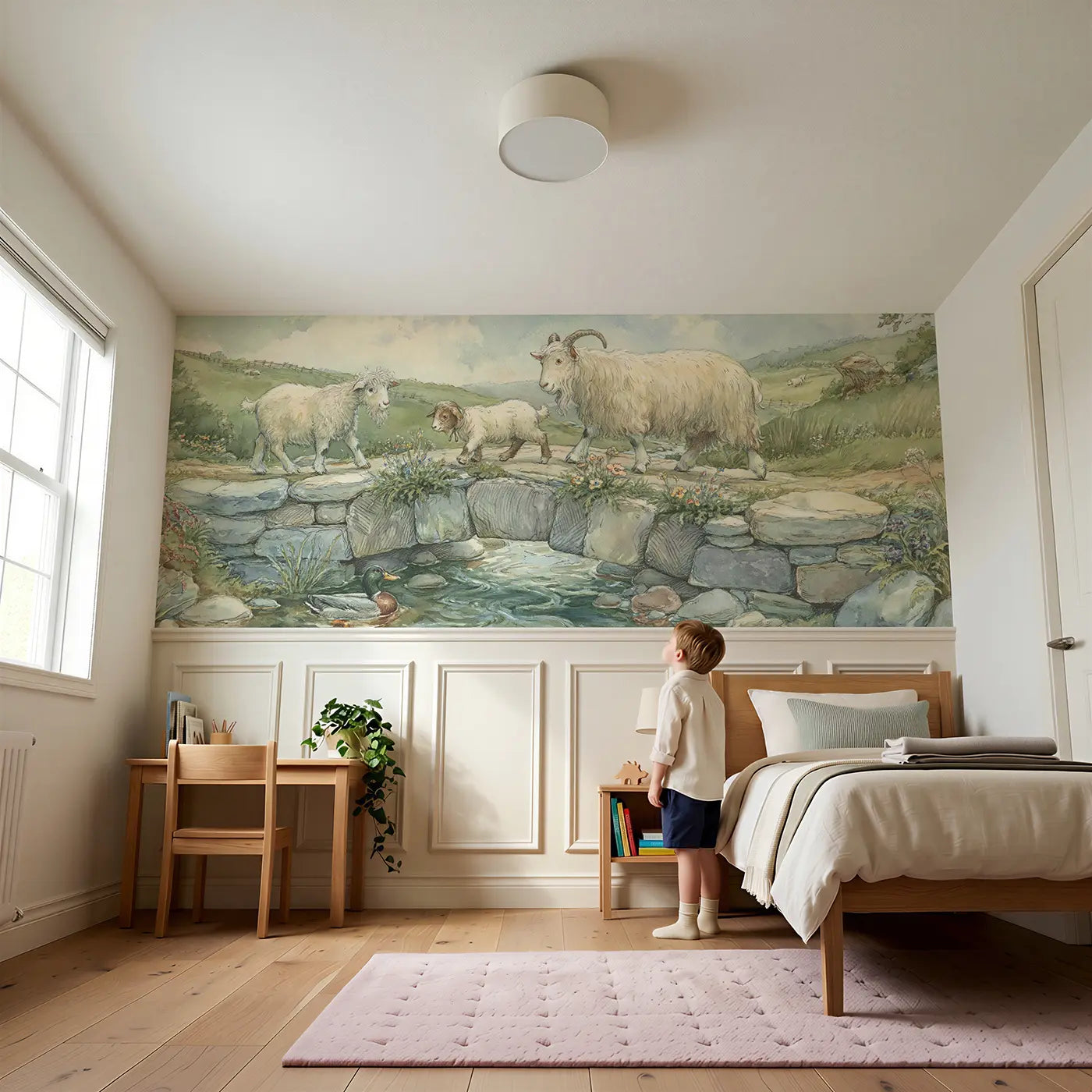 Child reading near Goat Bridge Crossing Charm Wainscoting Wallpaper by Whimsy Tots