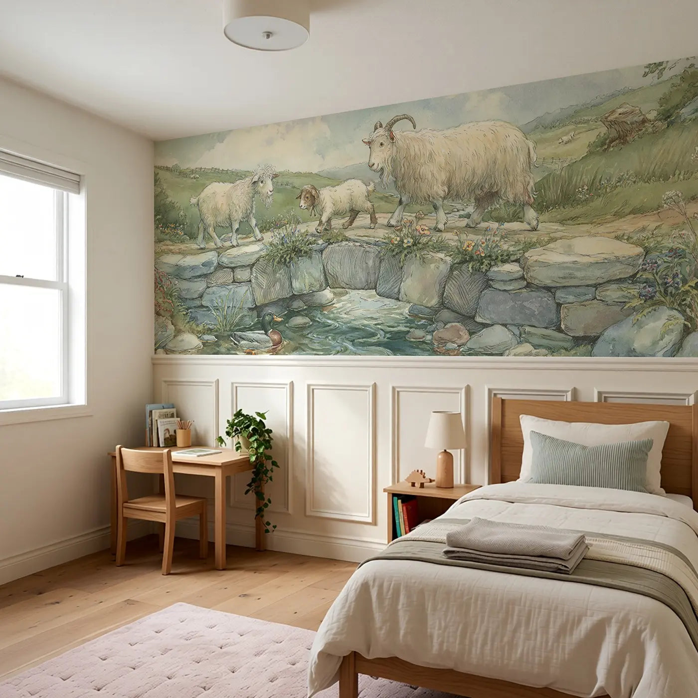 Goat Bridge Crossing Charm Wainscoting Wallpaper styled in a kids bedroom by Whimsy Tots