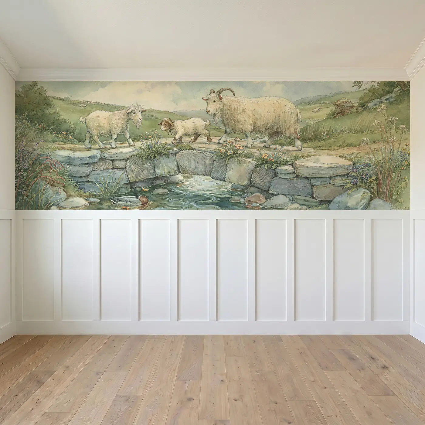 Full panel view of Goat Bridge Crossing Charm Wainscoting Wallpaper by Whimsy Tots