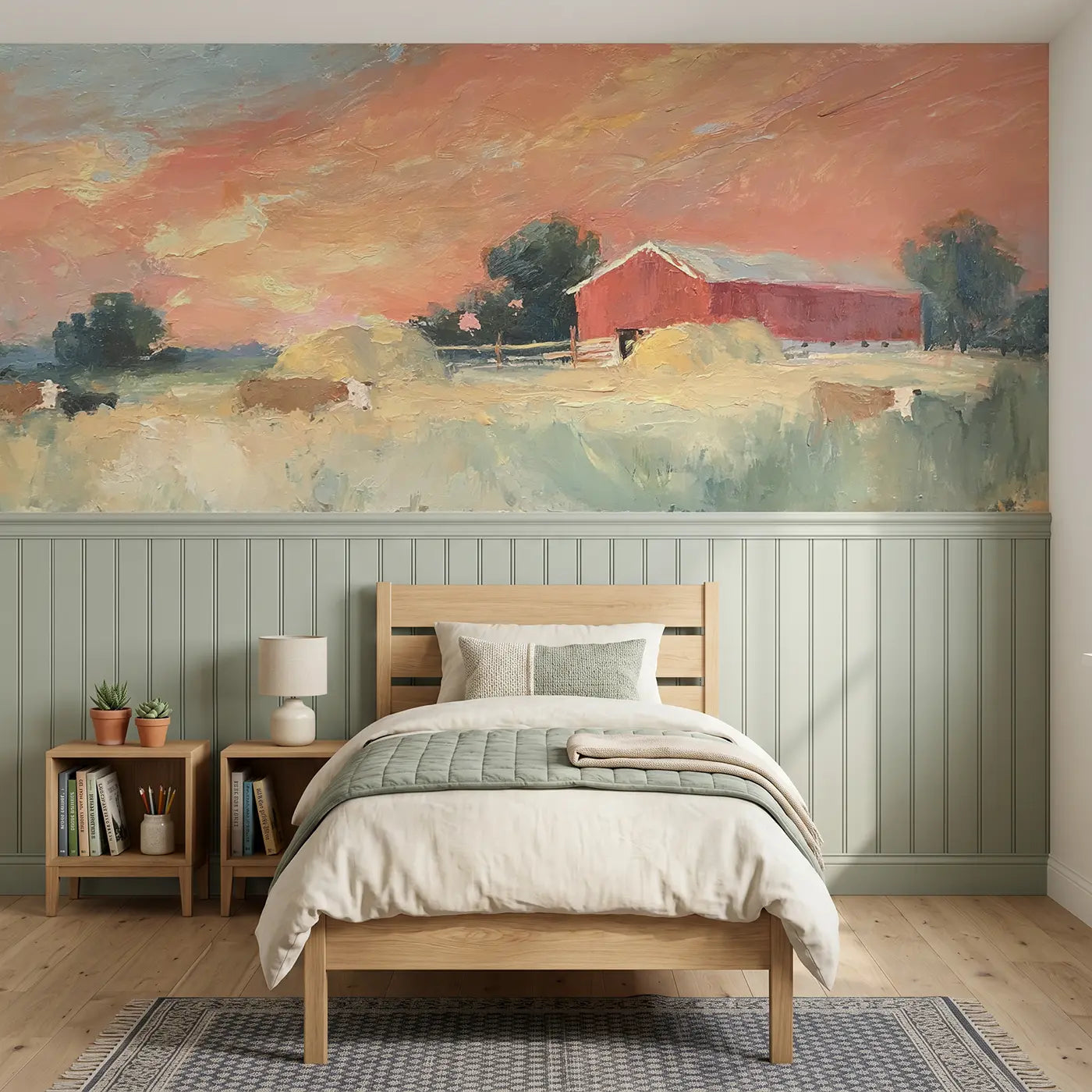 Painted Landscape red barn sunset pastoral wainscoting wallpaper for bedroom by Whimsy Tots