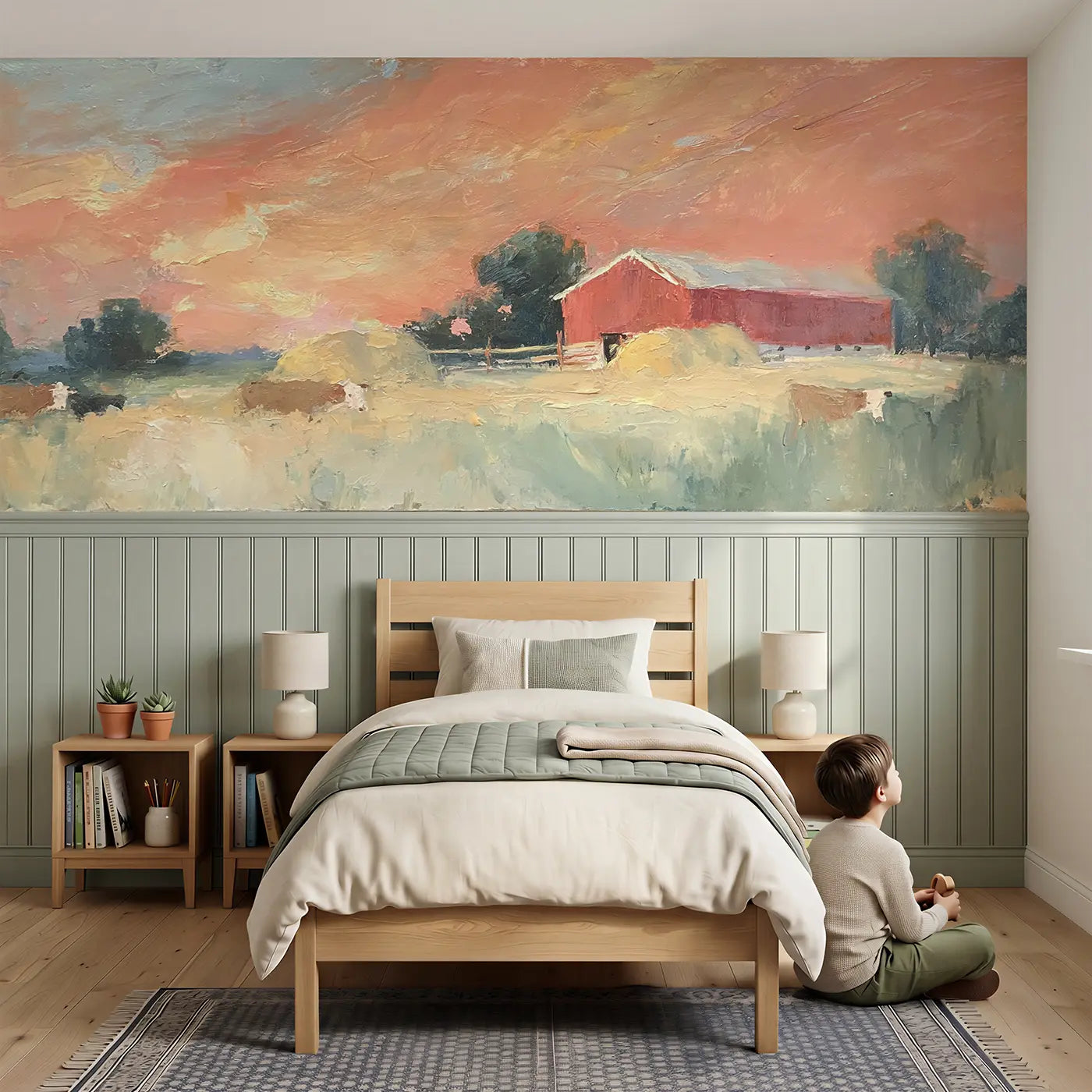 Child reading near Red Barn Sunset Pastoral Oil Wainscoting Wallpaper by Whimsy Tots