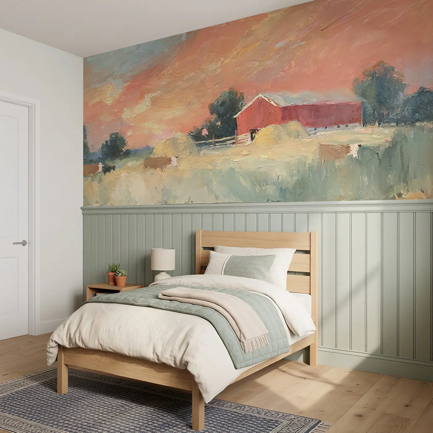 Red Barn Sunset Pastoral Oil Wainscoting Wallpaper styled in a kids bedroom by Whimsy Tots