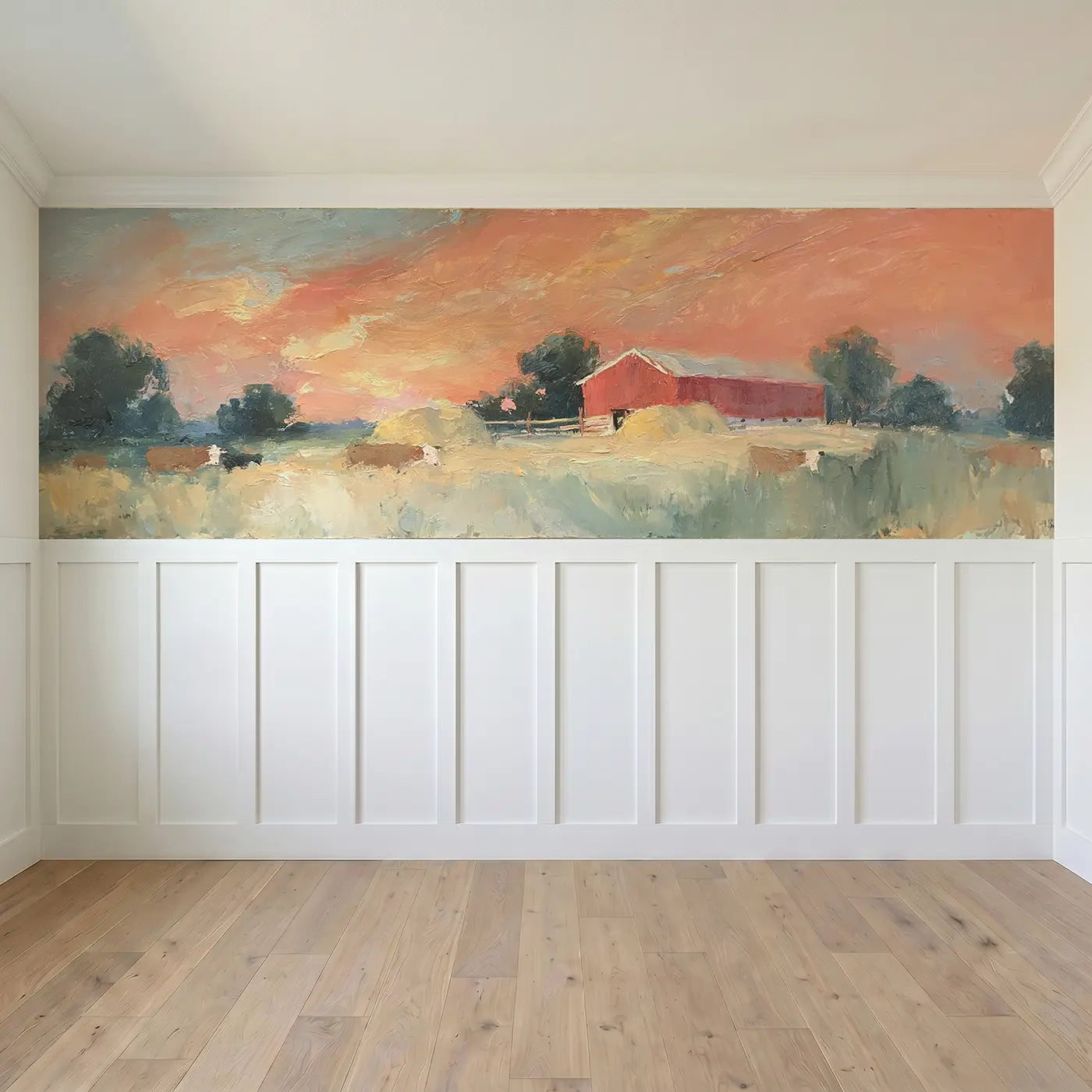 Full panel view of Red Barn Sunset Pastoral Oil Wainscoting Wallpaper by Whimsy Tots