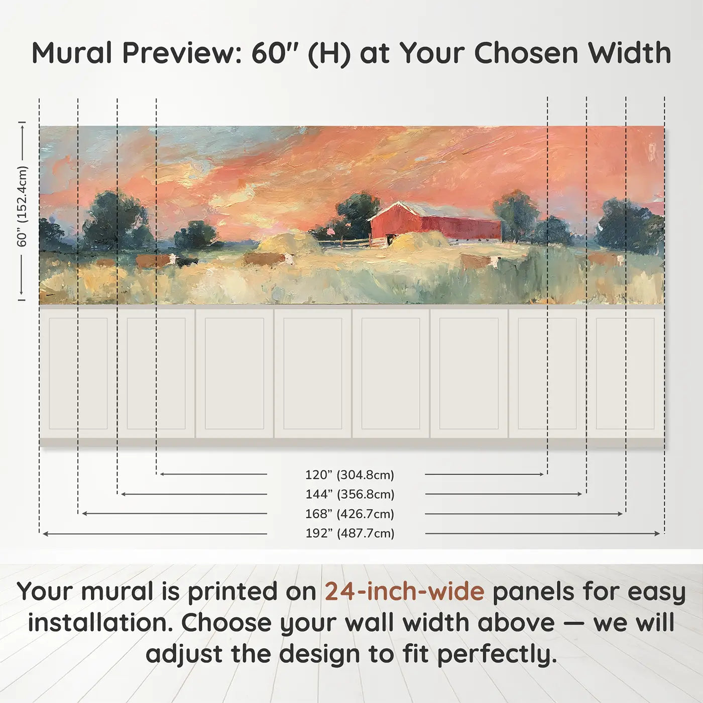 Panel dimensions for Red Barn Sunset Pastoral Oil Wainscoting Wallpaper by Whimsy Tots