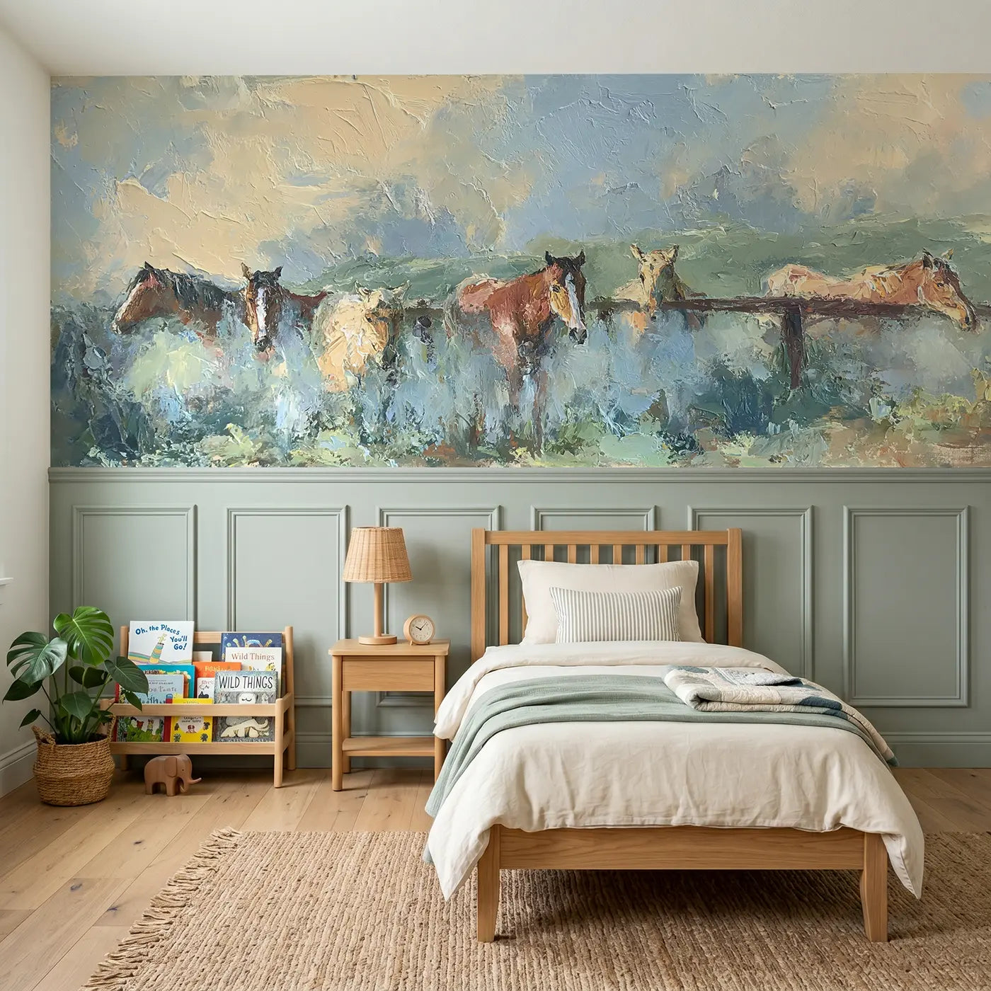 Painted Landscape horse paddock morning mist wainscoting wallpaper for nursery by Whimsy Tots