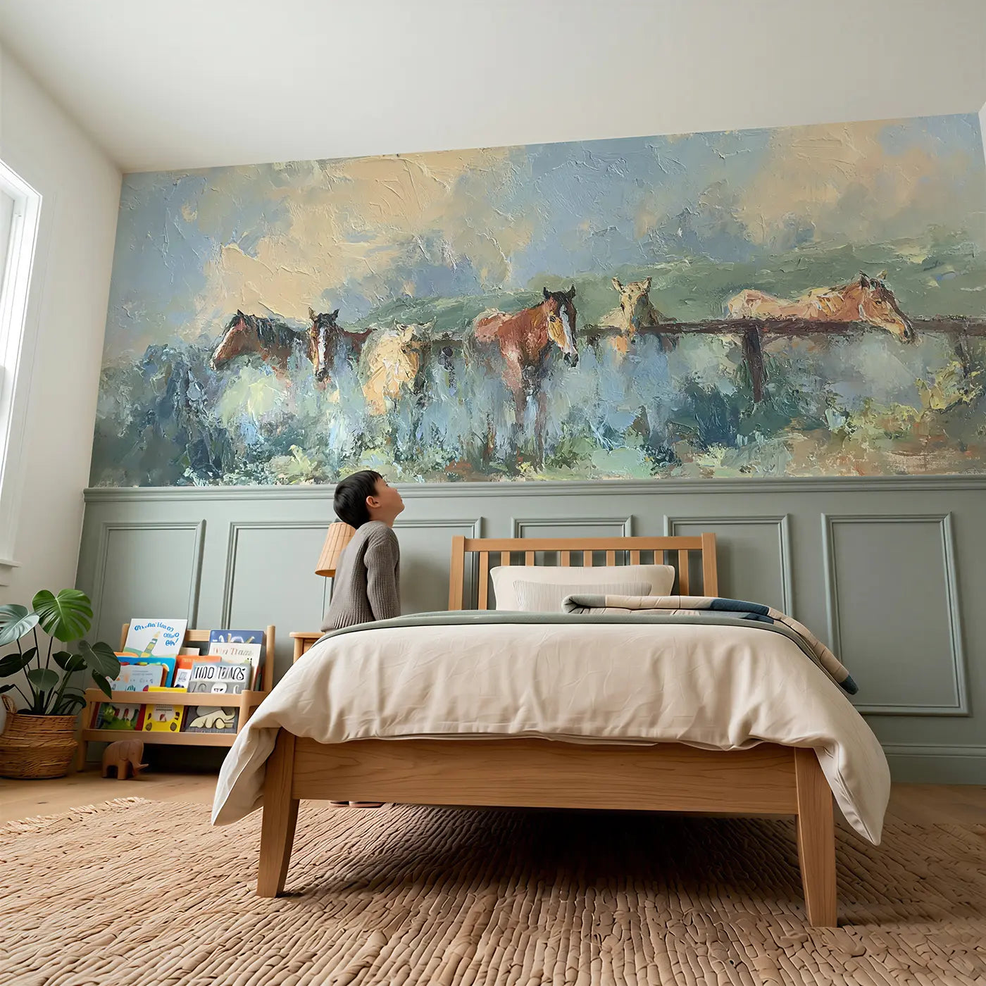 Child reading near Horse Paddock Morning Mist Wainscoting Wallpaper by Whimsy Tots
