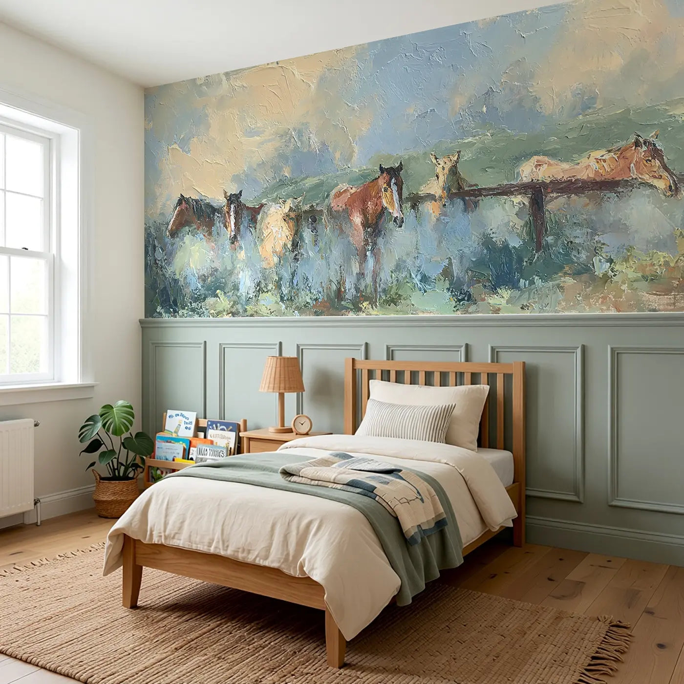 Horse Paddock Morning Mist Wainscoting Wallpaper styled in a kids bedroom by Whimsy Tots