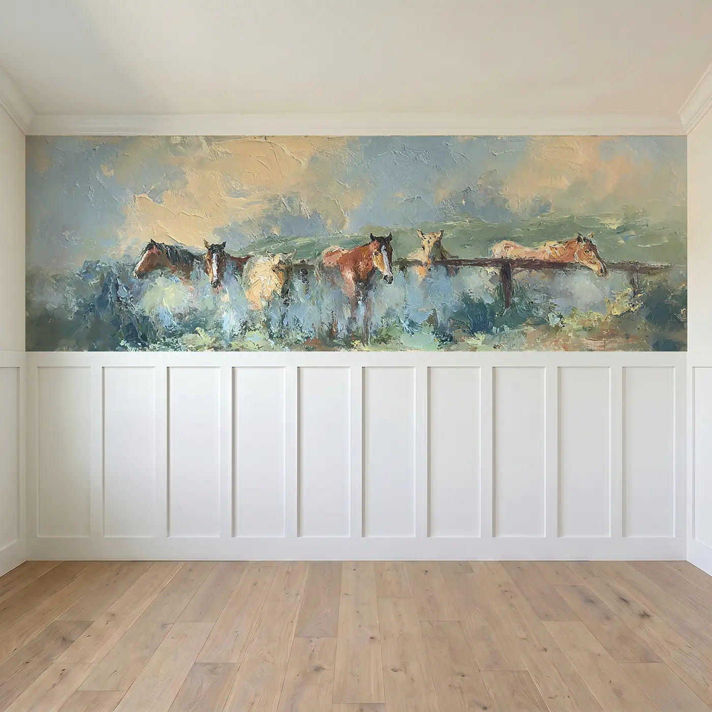 Full panel view of Horse Paddock Morning Mist Wainscoting Wallpaper by Whimsy Tots