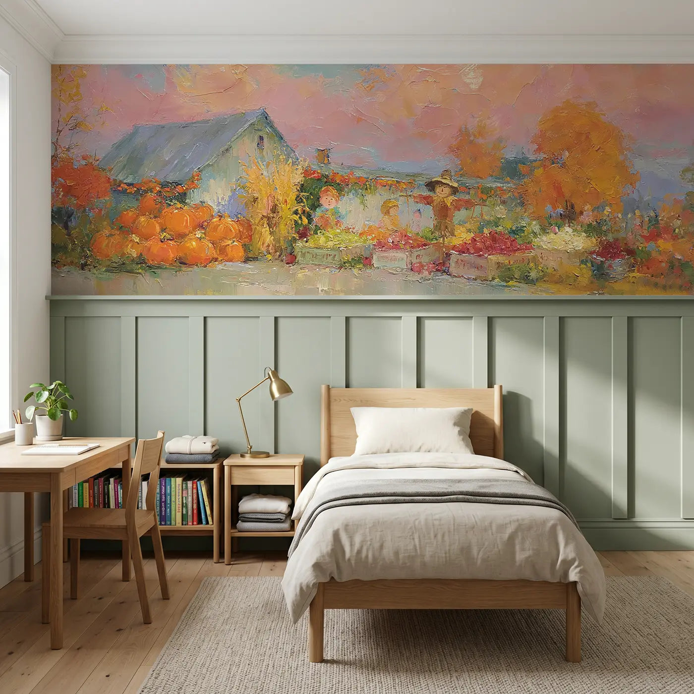 Painted Landscape harvest festival farmstead wainscoting wallpaper for bedroom by Whimsy Tots