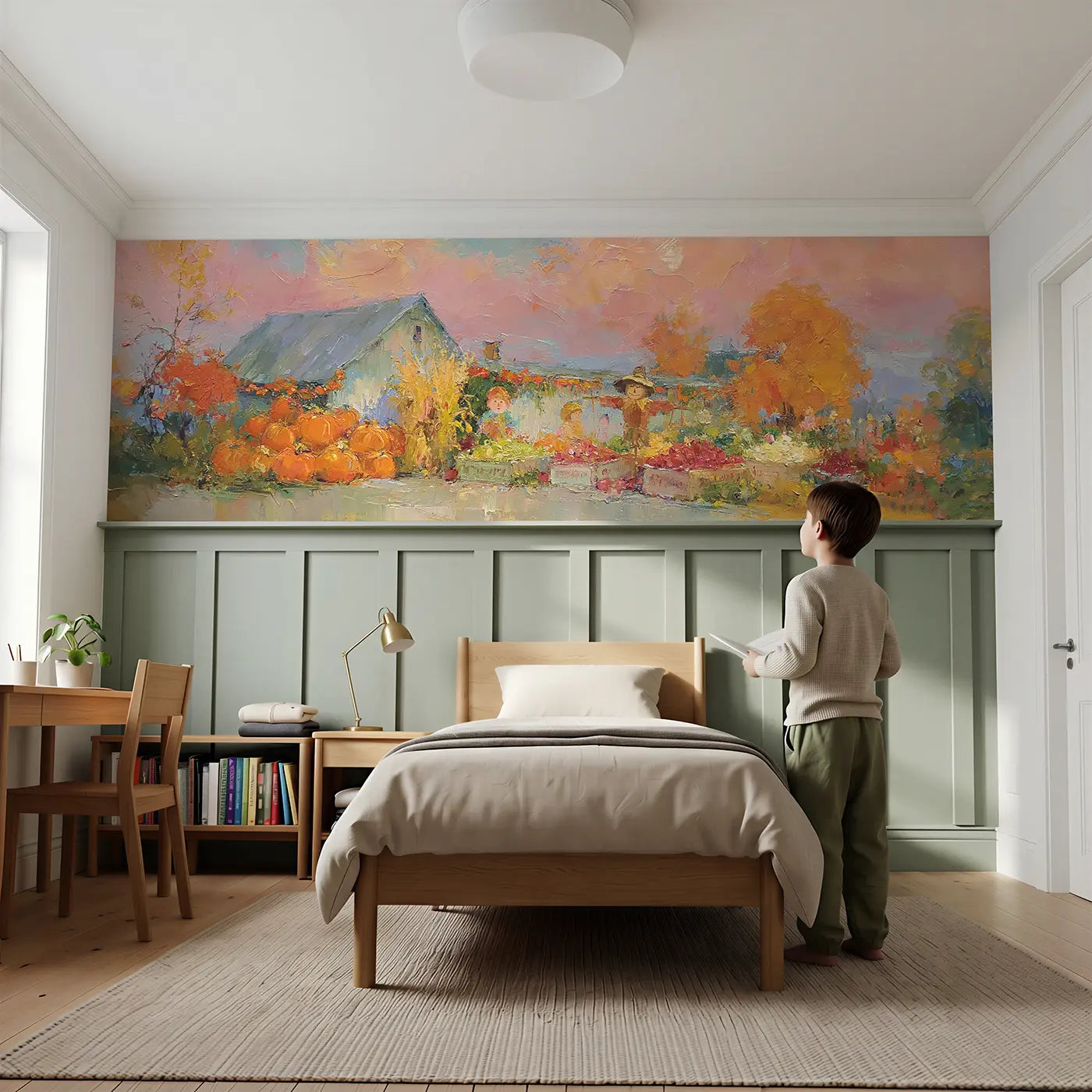 Child reading near Harvest Festival Farmstead Oil Wainscoting Wallpaper by Whimsy Tots