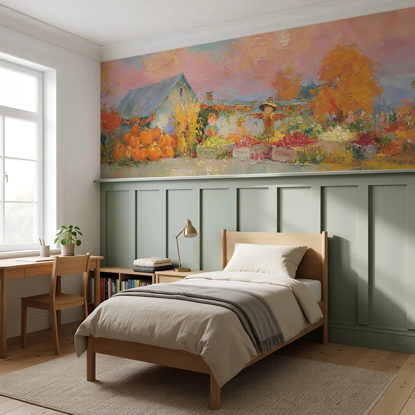 Harvest Festival Farmstead Oil Wainscoting Wallpaper styled in a kids bedroom by Whimsy Tots