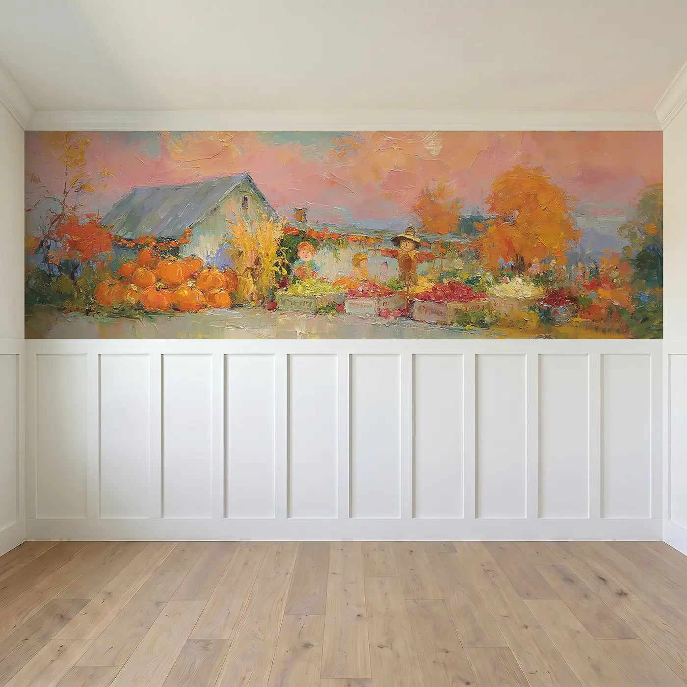Full panel view of Harvest Festival Farmstead Oil Wainscoting Wallpaper by Whimsy Tots